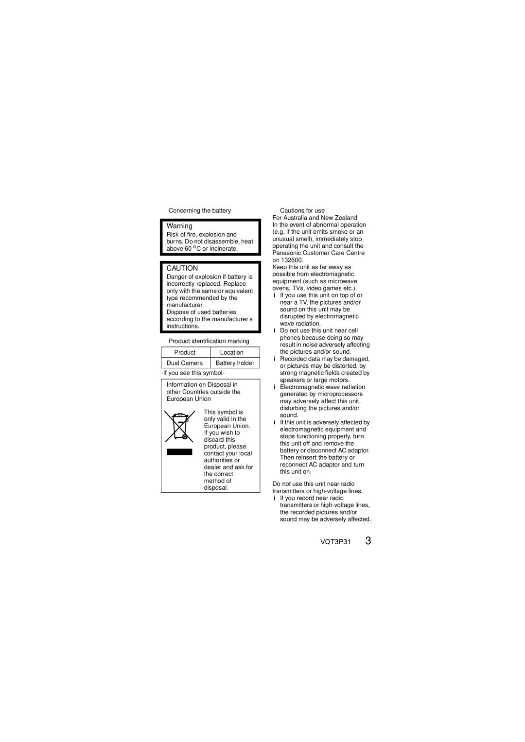 Panasonic HX-DC10 operating instructions Concerning the battery, Product identification marking Location Dual Camera 