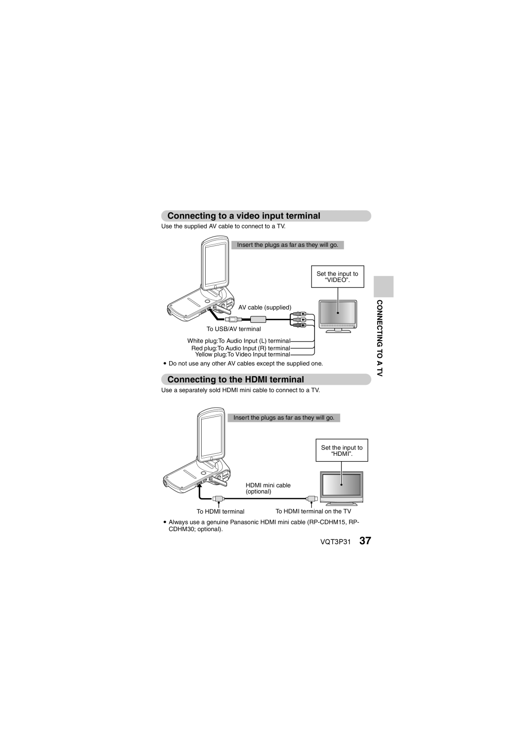 Panasonic HX-DC10 operating instructions Connecting to a video input terminal, Connecting to the Hdmi terminal 