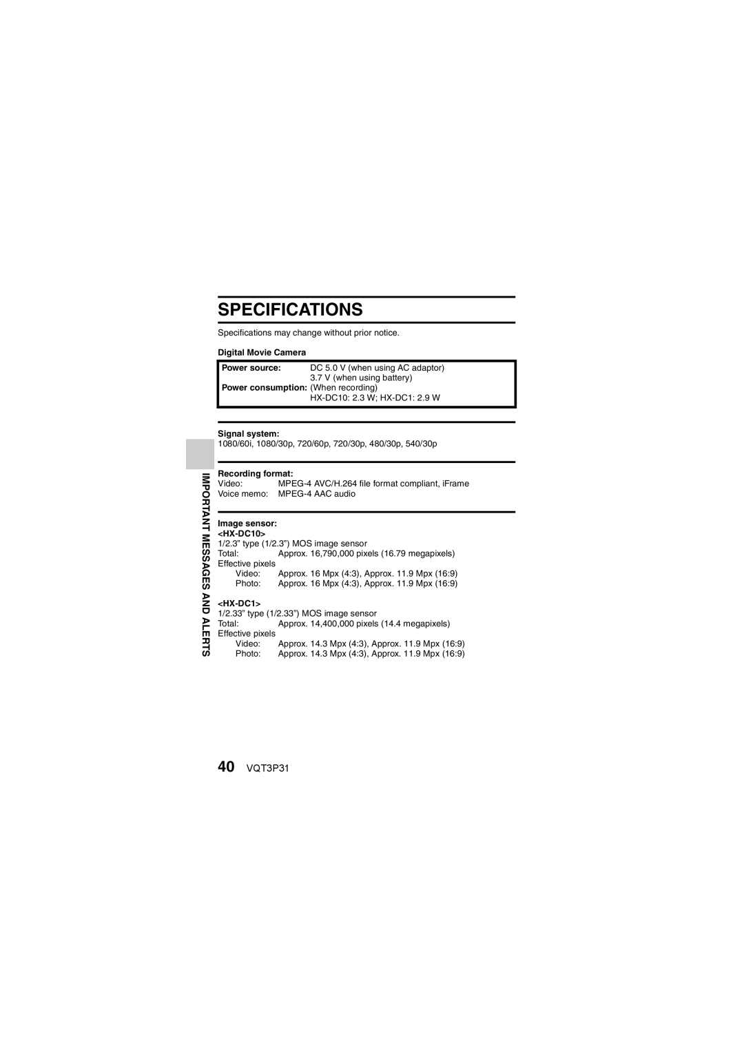 Panasonic HX-DC10 operating instructions Specifications, 40 VQT3P31 