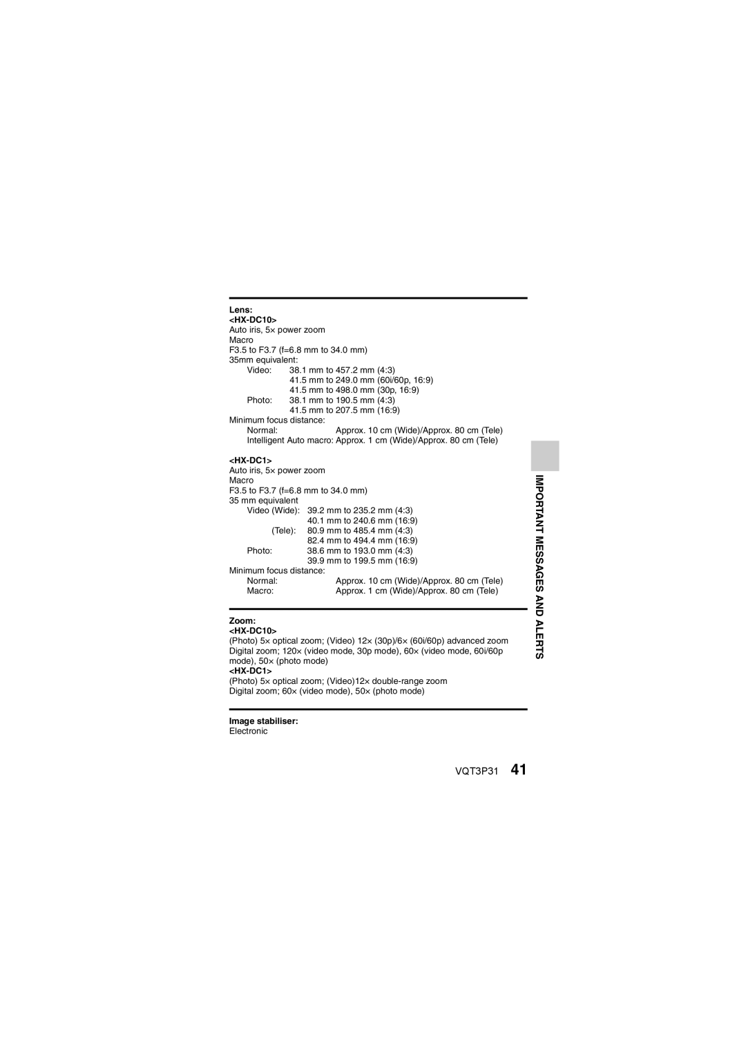 Panasonic operating instructions Lens HX-DC10, Zoom HX-DC10, Image stabiliser 