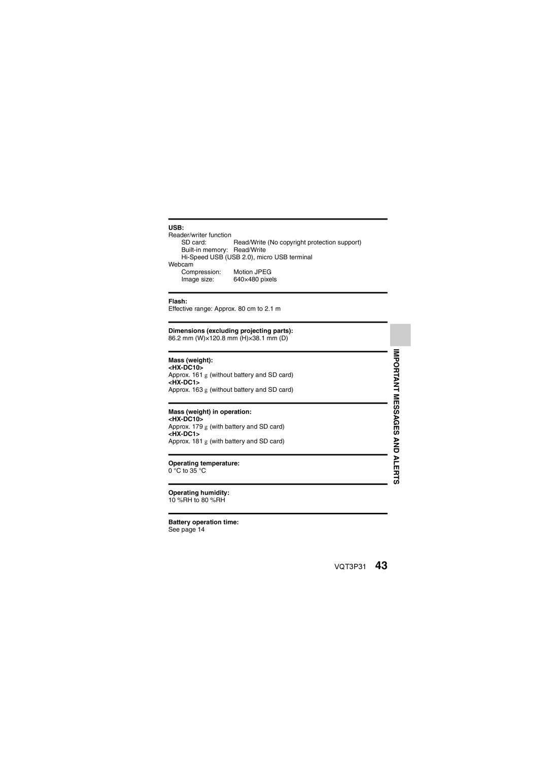 Panasonic HX-DC10 operating instructions Usb 