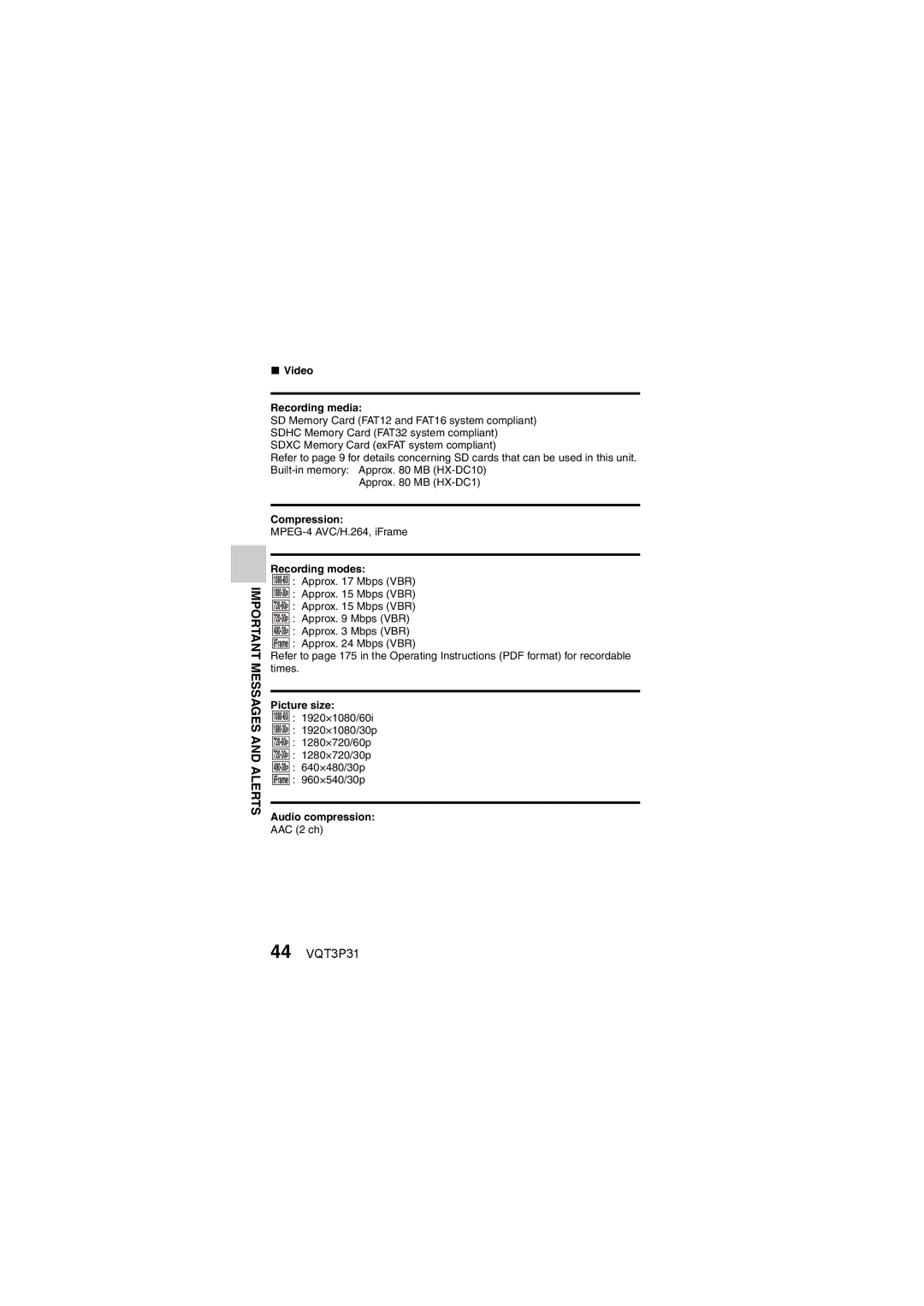 Panasonic HX-DC10 operating instructions 44 VQT3P31 