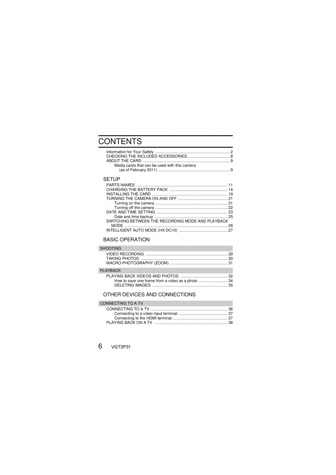 Panasonic HX-DC10 operating instructions Contents 