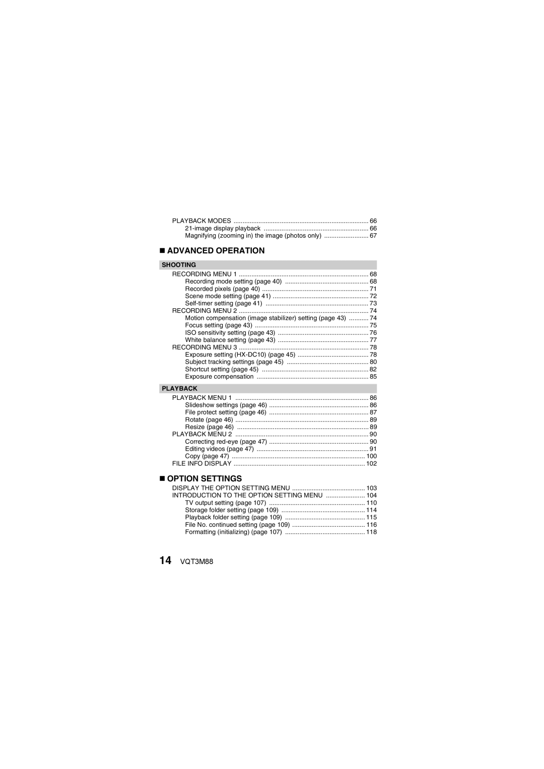 Panasonic HX-DC10 owner manual „ Advanced Operation, 14 VQT3M88 