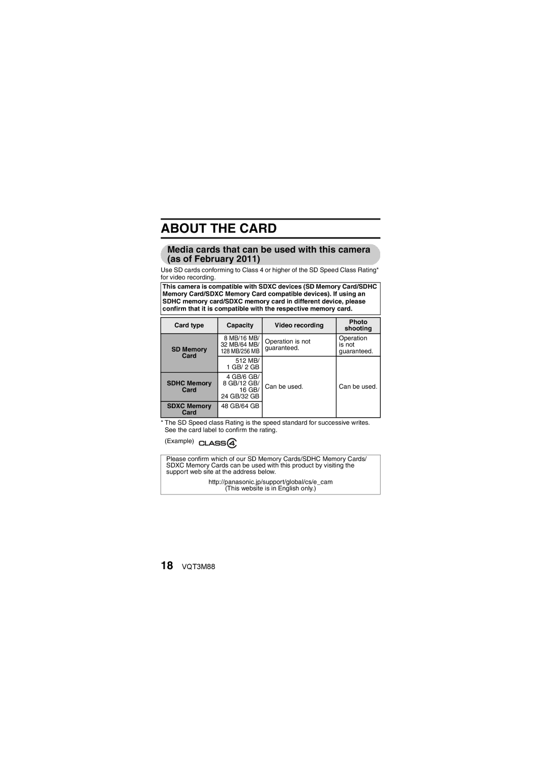 Panasonic HX-DC10 owner manual About the Card, 18 VQT3M88, SD Memory, Sdxc Memory 