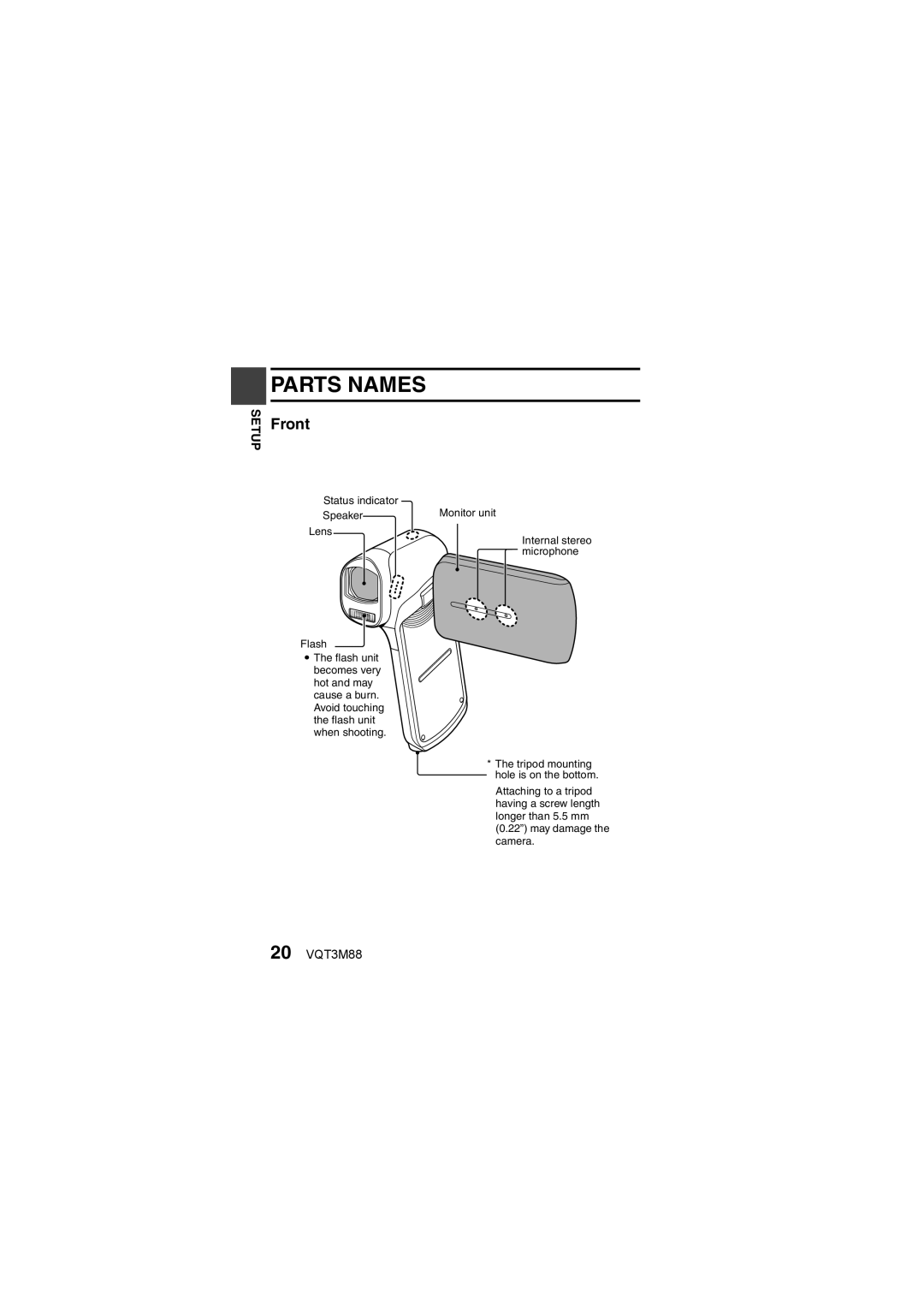 Panasonic HX-DC10 owner manual Parts Names, Front, 20 VQT3M88 