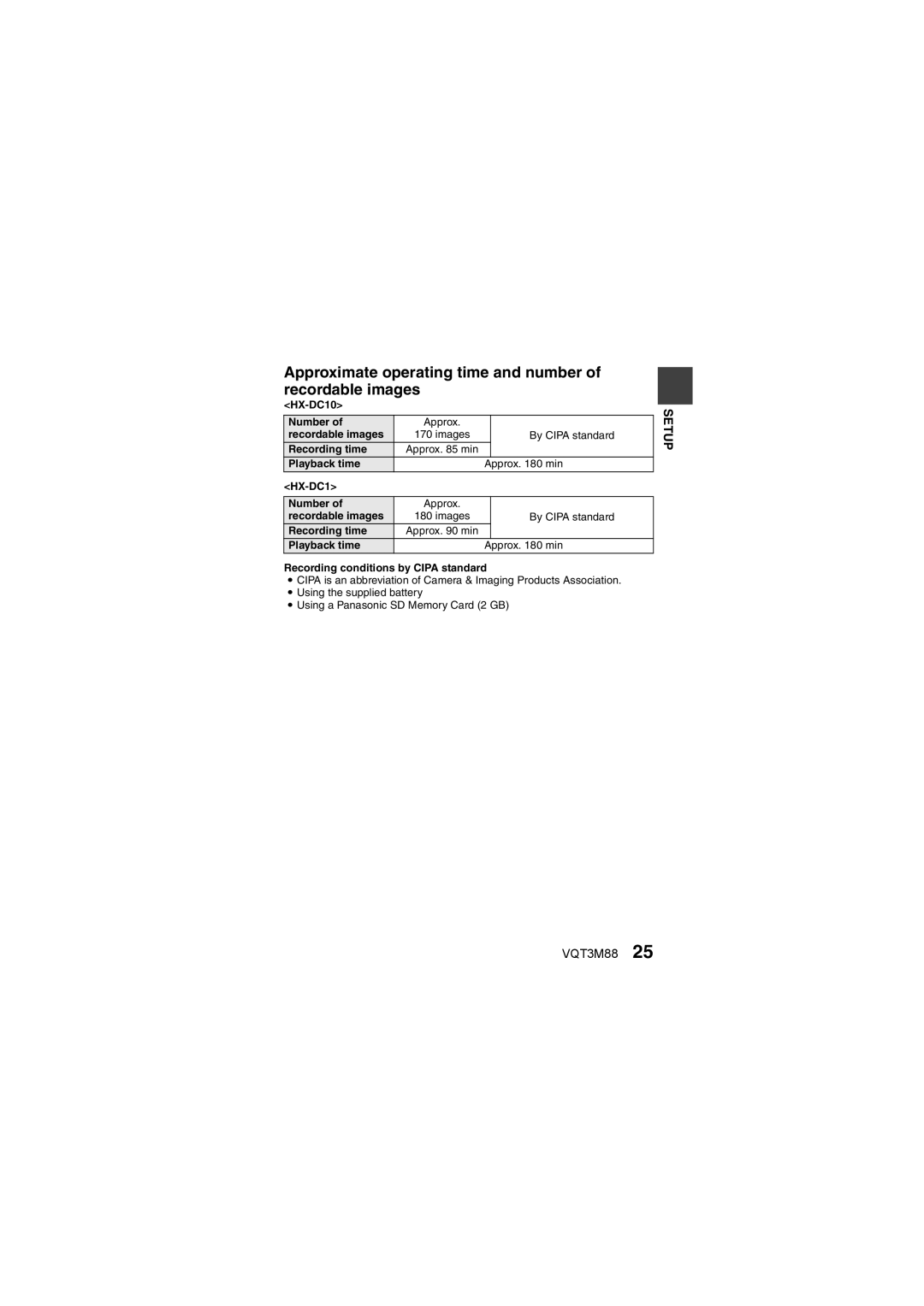 Panasonic HX-DC10 owner manual Approximate operating time and number of recordable images 