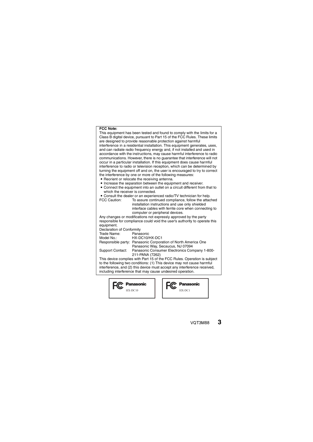 Panasonic owner manual FCC Note, HX-DC10/HX-DC1 