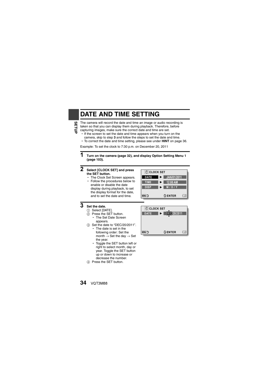 Panasonic HX-DC10 owner manual Date and Time Setting, 34 VQT3M88, Set the date 