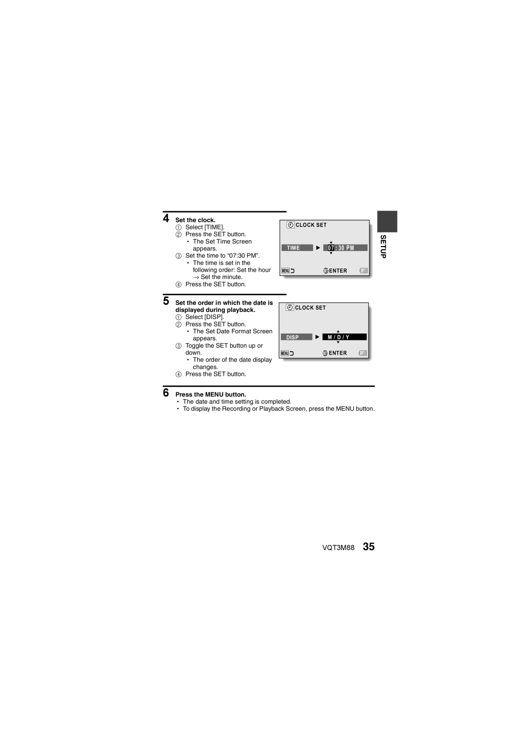 Panasonic HX-DC10 owner manual Set the clock, Press the Menu button 