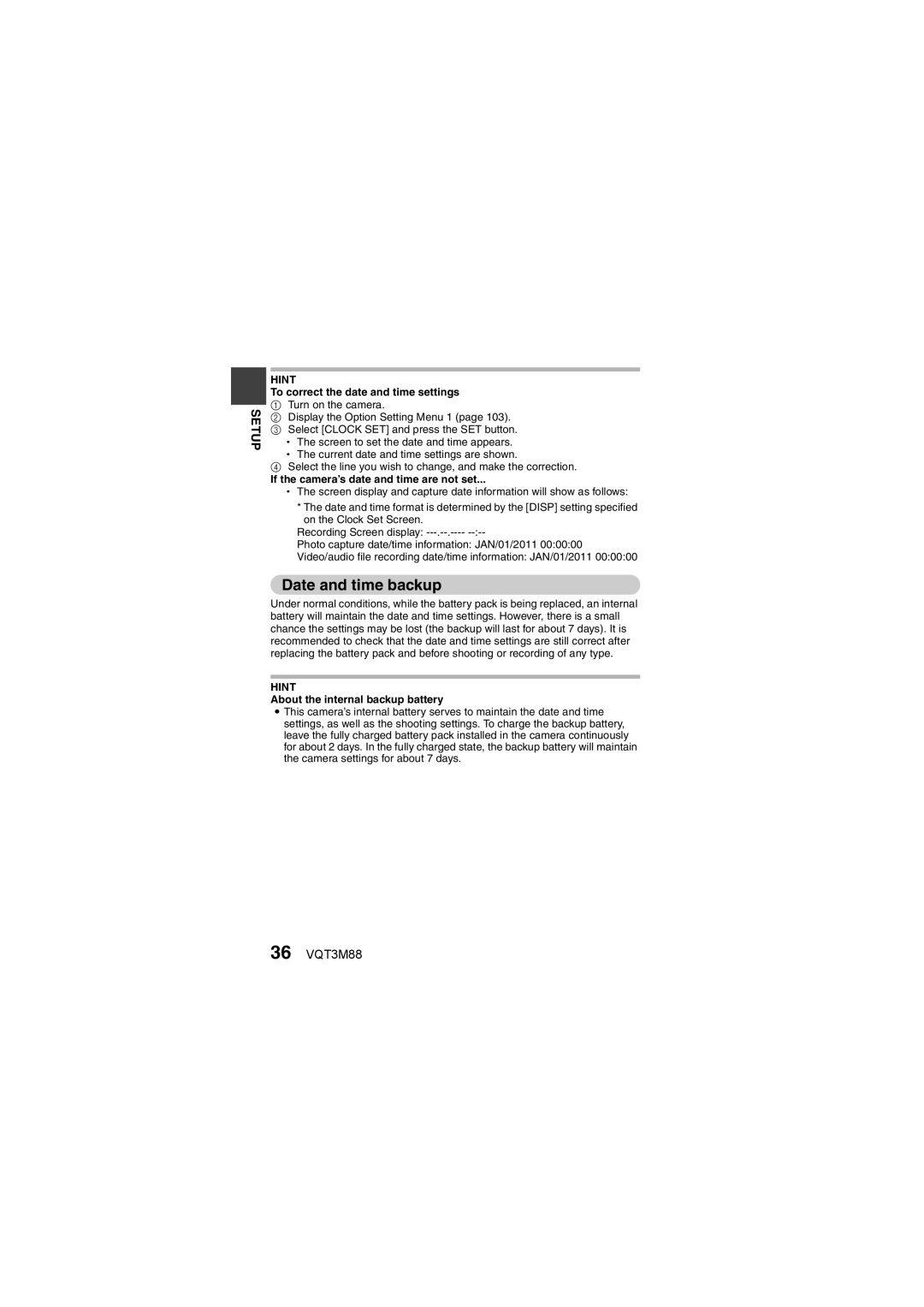 Panasonic HX-DC10 owner manual Date and time backup, 36 VQT3M88, To correct the date and time settings 