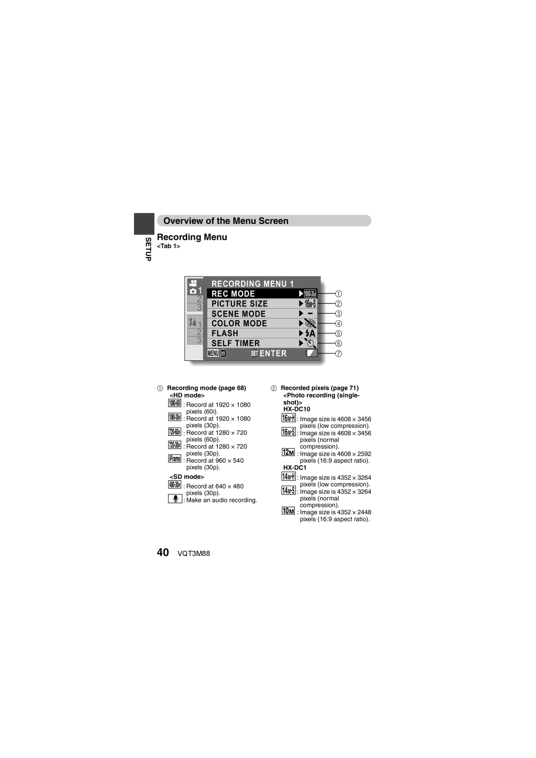 Panasonic owner manual Overview of the Menu Screen Recording Menu, 40 VQT3M88, HX-DC10 