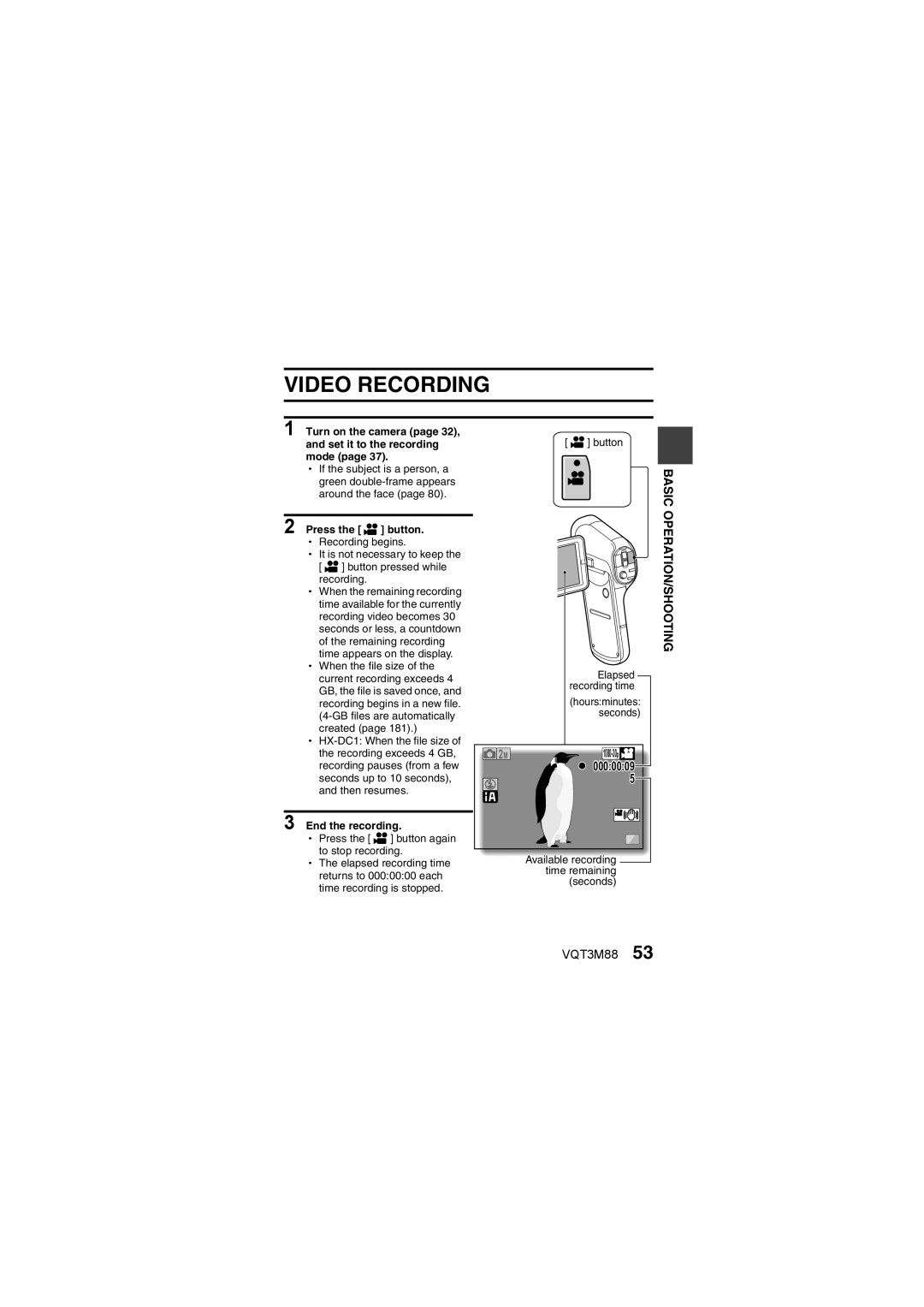 Panasonic HX-DC10 owner manual Video Recording, Turn on the camera, Press the @ button, End the recording 