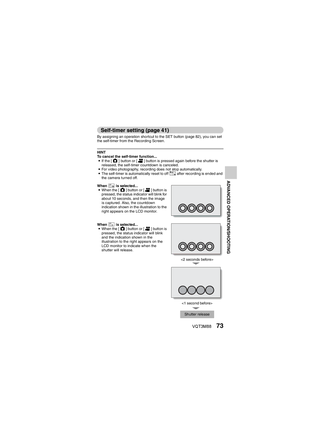 Panasonic HX-DC10 owner manual Self-timer setting, To cancel the self-timer function, When xis selected, When yis selected 