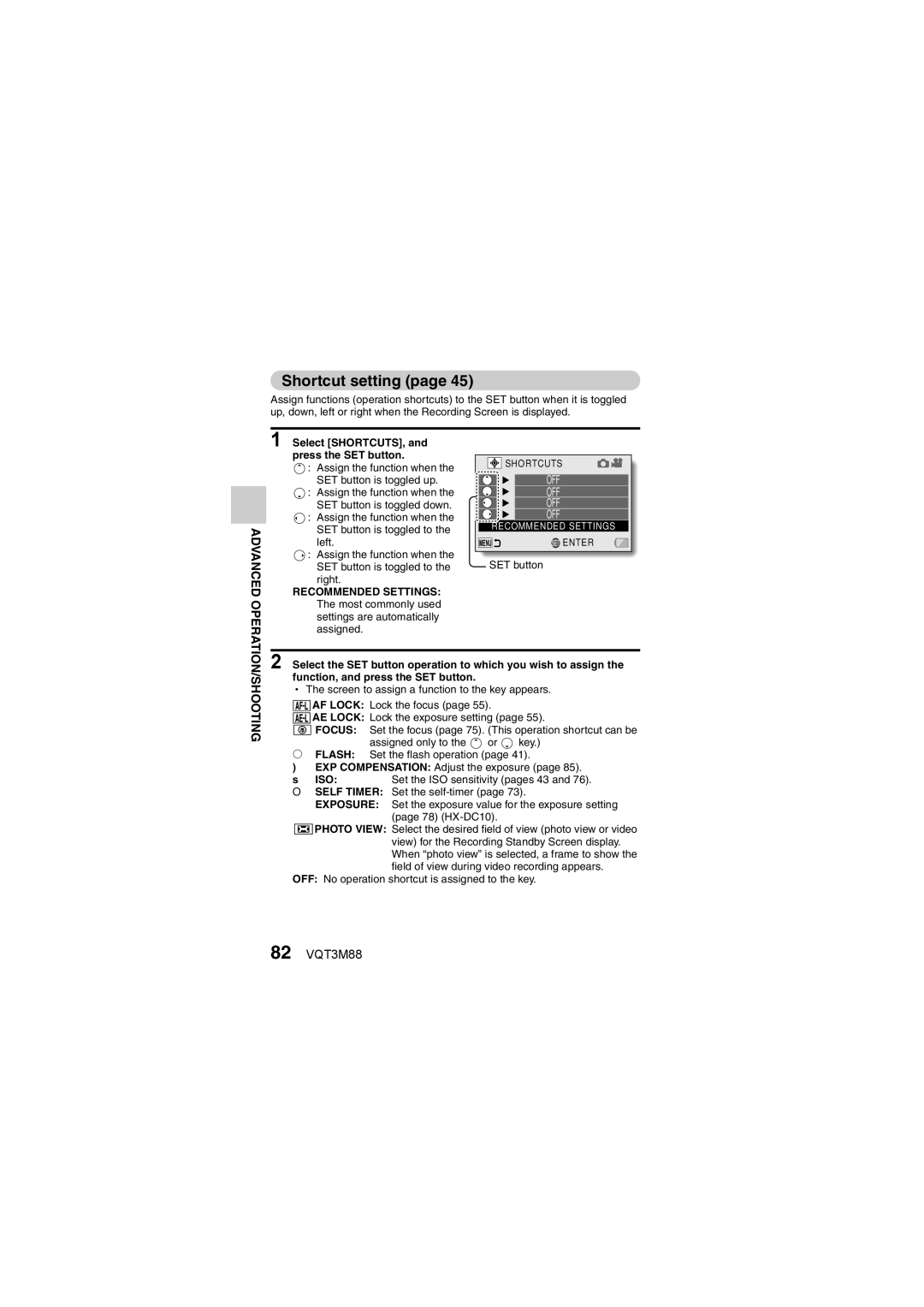 Panasonic HX-DC10 Shortcut setting, 82 VQT3M88, Select SHORTCUTS, Press the SET button, Recommended Settings 