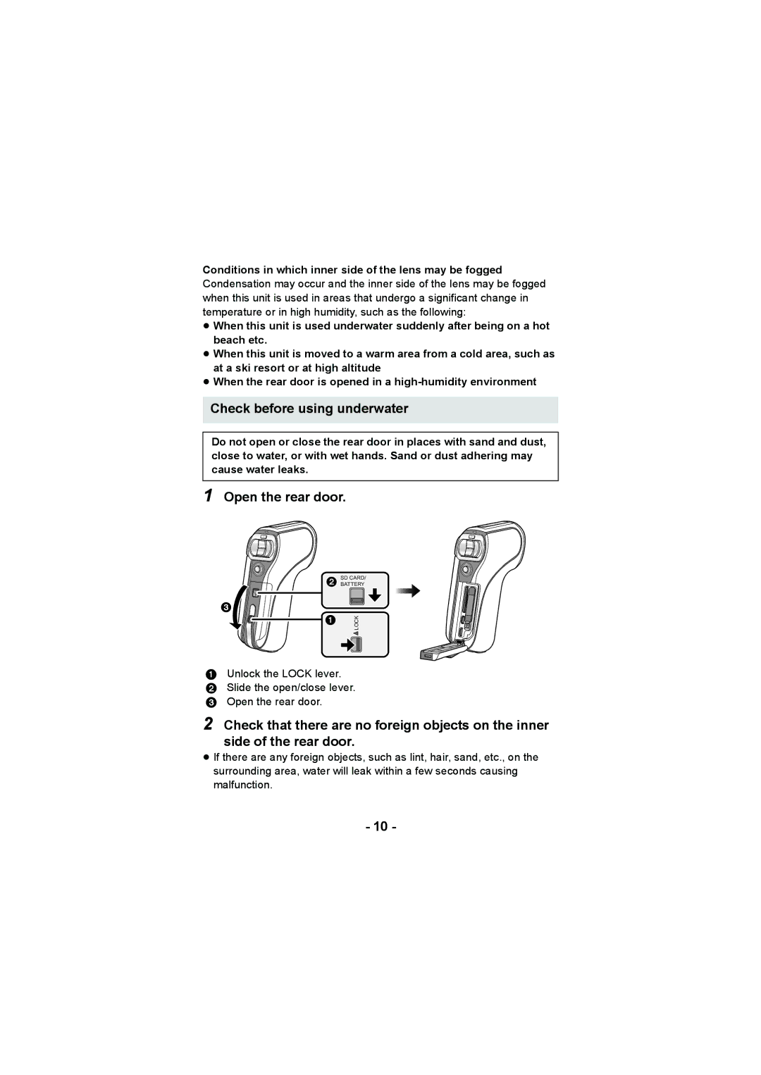 Panasonic HX-DC2, HX-WA20 operating instructions Check before using underwater, Open the rear door 