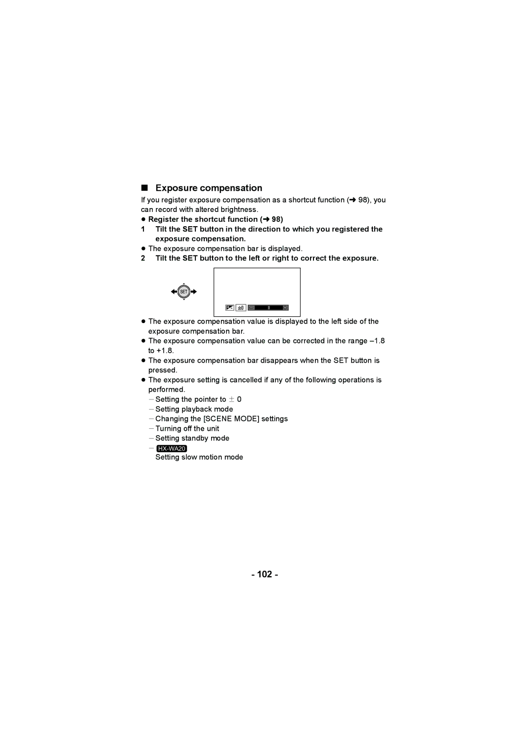 Panasonic HX-DC2, HX-WA20 operating instructions Exposure compensation 