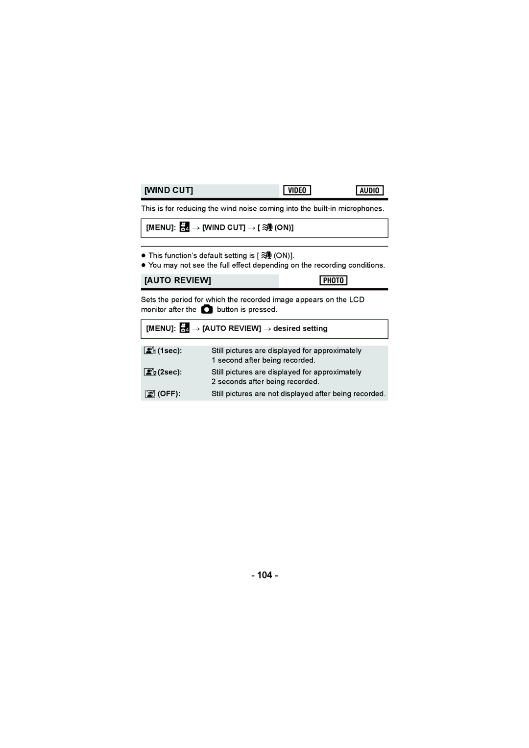 Panasonic HX-WA20, HX-DC2 operating instructions 104, Menu 4 # Wind CUT # on, Menu 4 # Auto Review # desired setting 