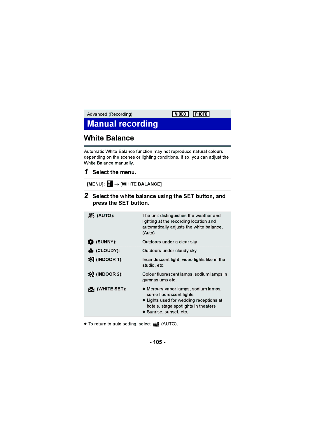 Panasonic HX-DC2, HX-WA20 operating instructions Manual recording, White Balance, 105 