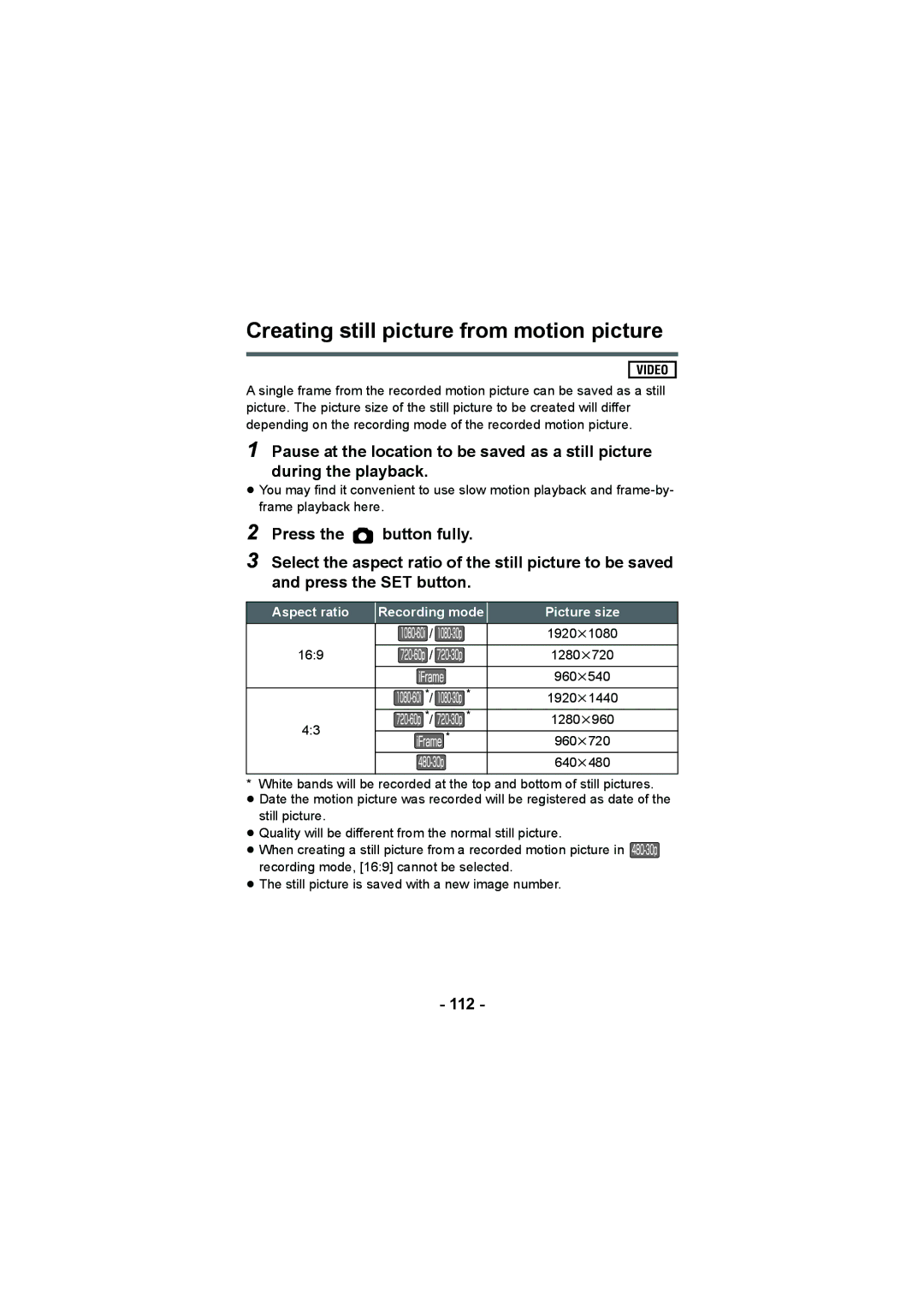 Panasonic HX-DC2, HX-WA20 operating instructions Creating still picture from motion picture, 112 