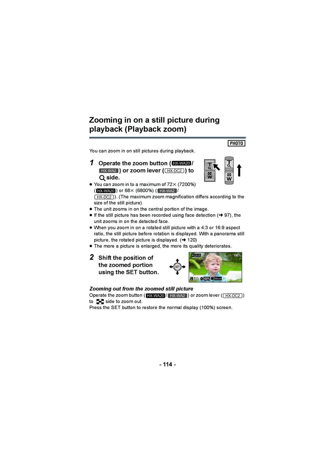 Panasonic HX-DC2, HX-WA20 operating instructions Zooming in on a still picture during playback Playback zoom, 114 