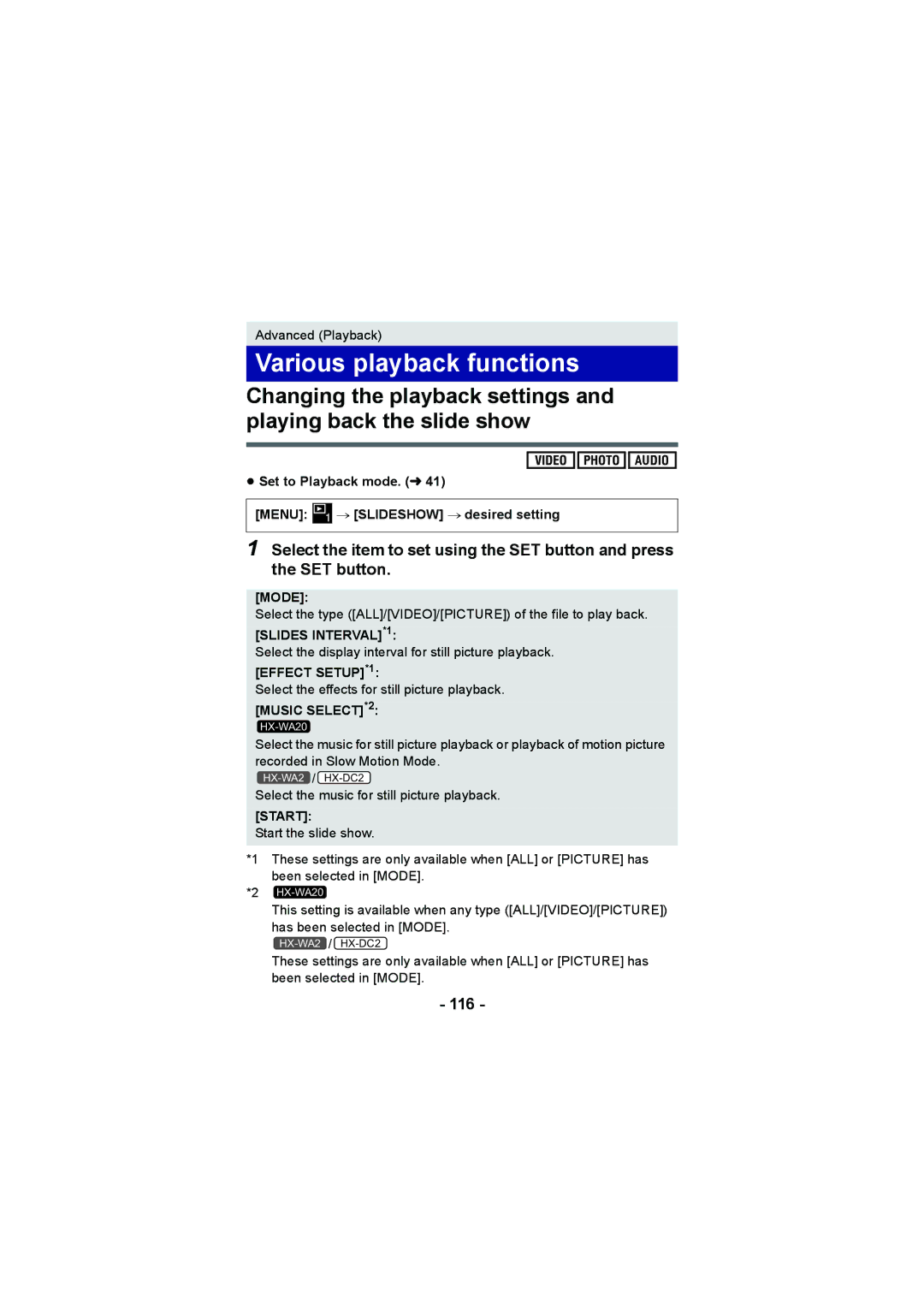 Panasonic HX-WA20, HX-DC2 operating instructions Various playback functions, 116 