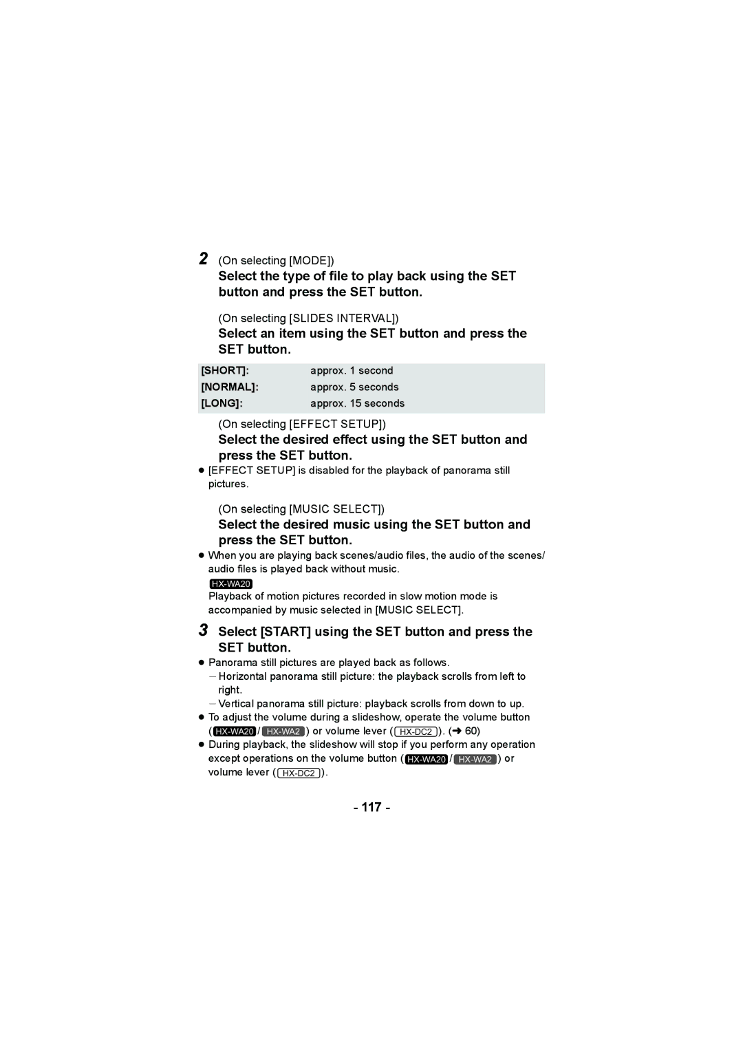 Panasonic HX-DC2, HX-WA20 operating instructions Select Start using the SET button and press, 117, Short, Normal, Long 