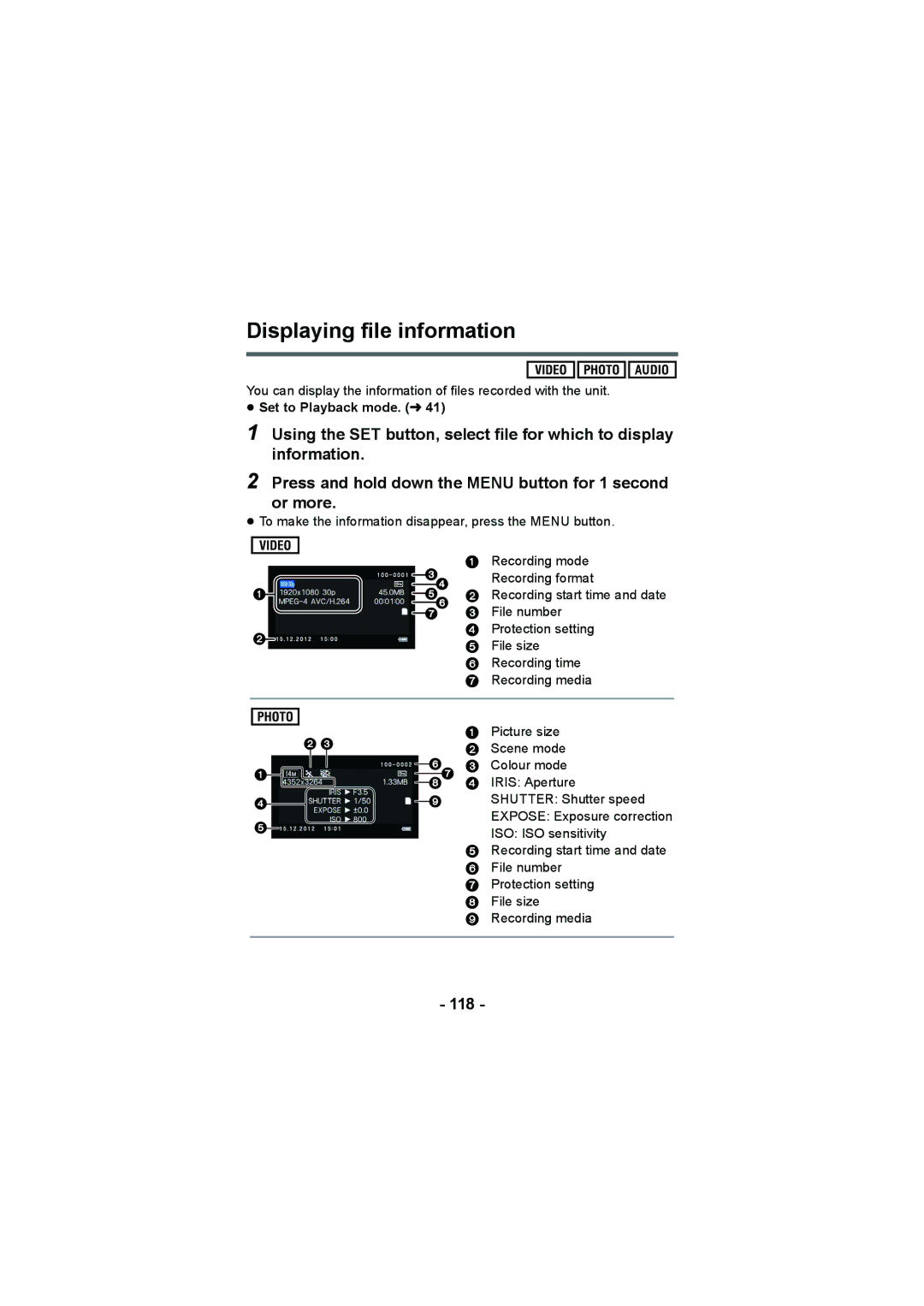 Panasonic HX-DC2, HX-WA20 operating instructions Displaying file information, 118 