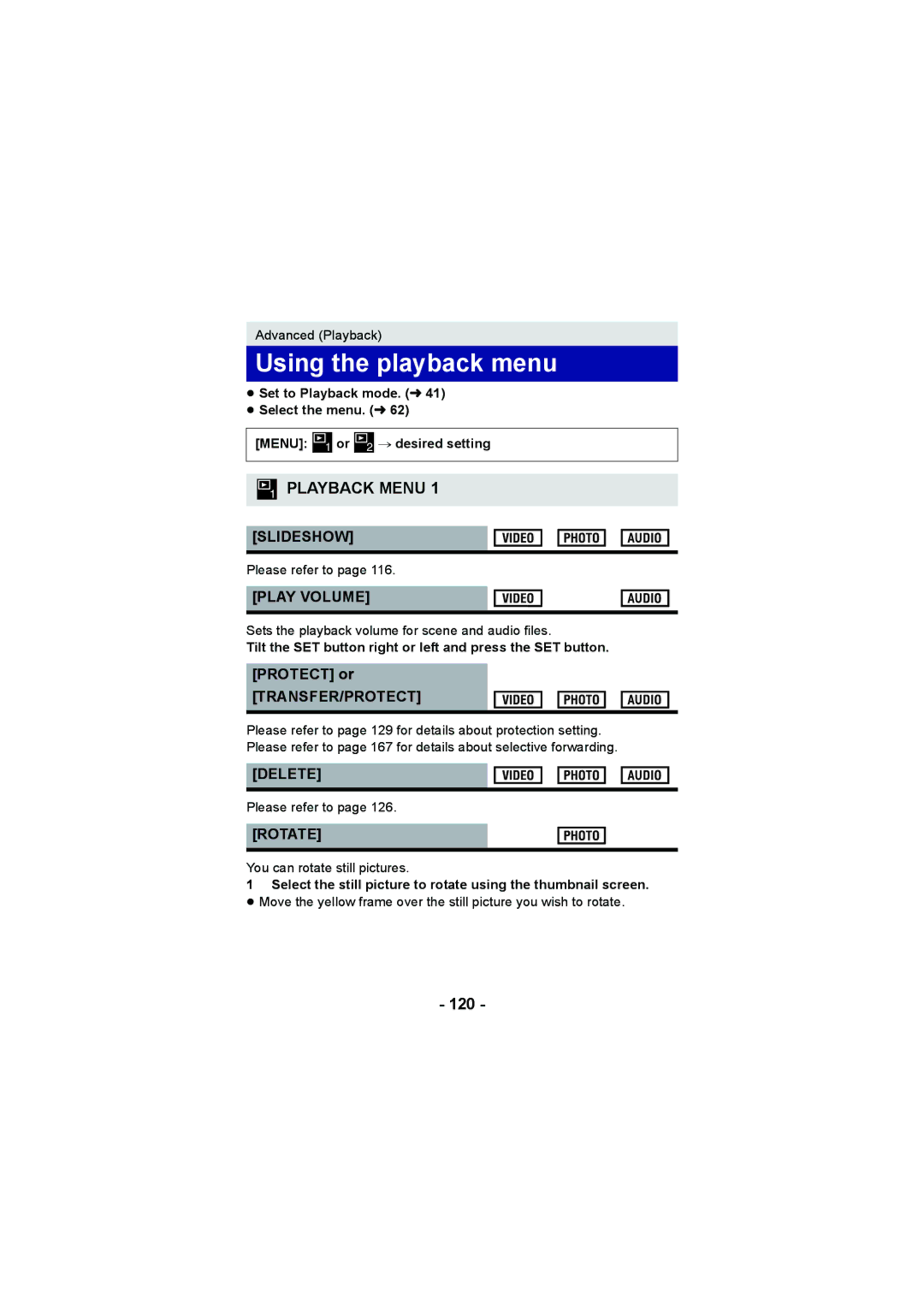 Panasonic HX-DC2, HX-WA20 operating instructions Using the playback menu, 120 