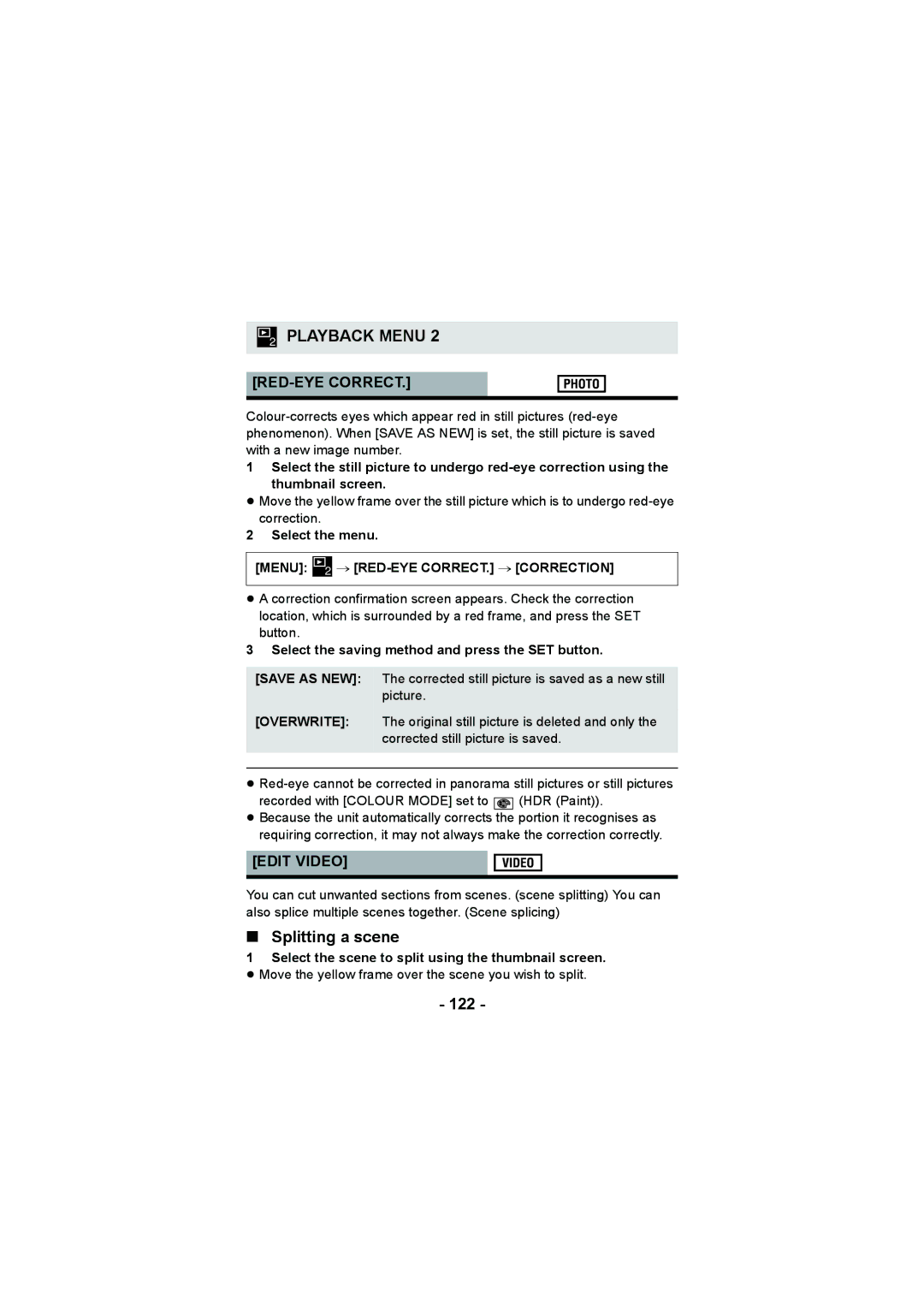 Panasonic HX-WA20, HX-DC2 Splitting a scene, 122, RED-EYE Correct, Edit Video, # RED-EYE CORRECT. # Correction 