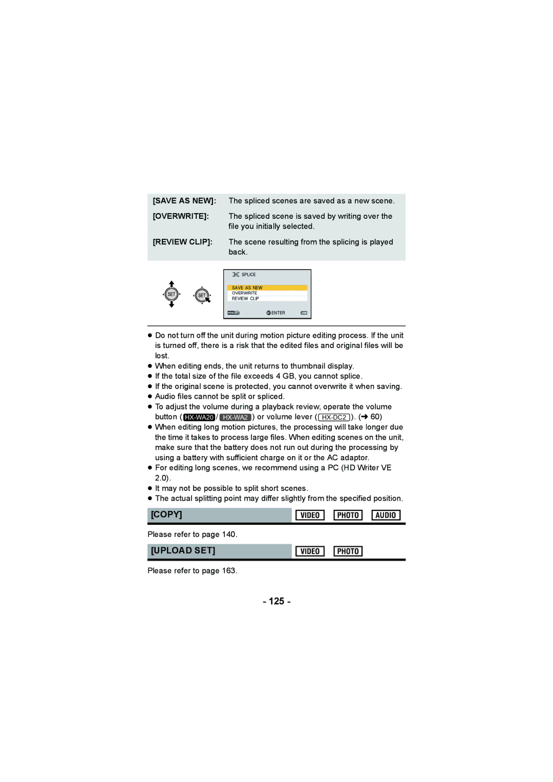 Panasonic HX-WA20, HX-DC2 operating instructions 125, Copy, Upload SET 