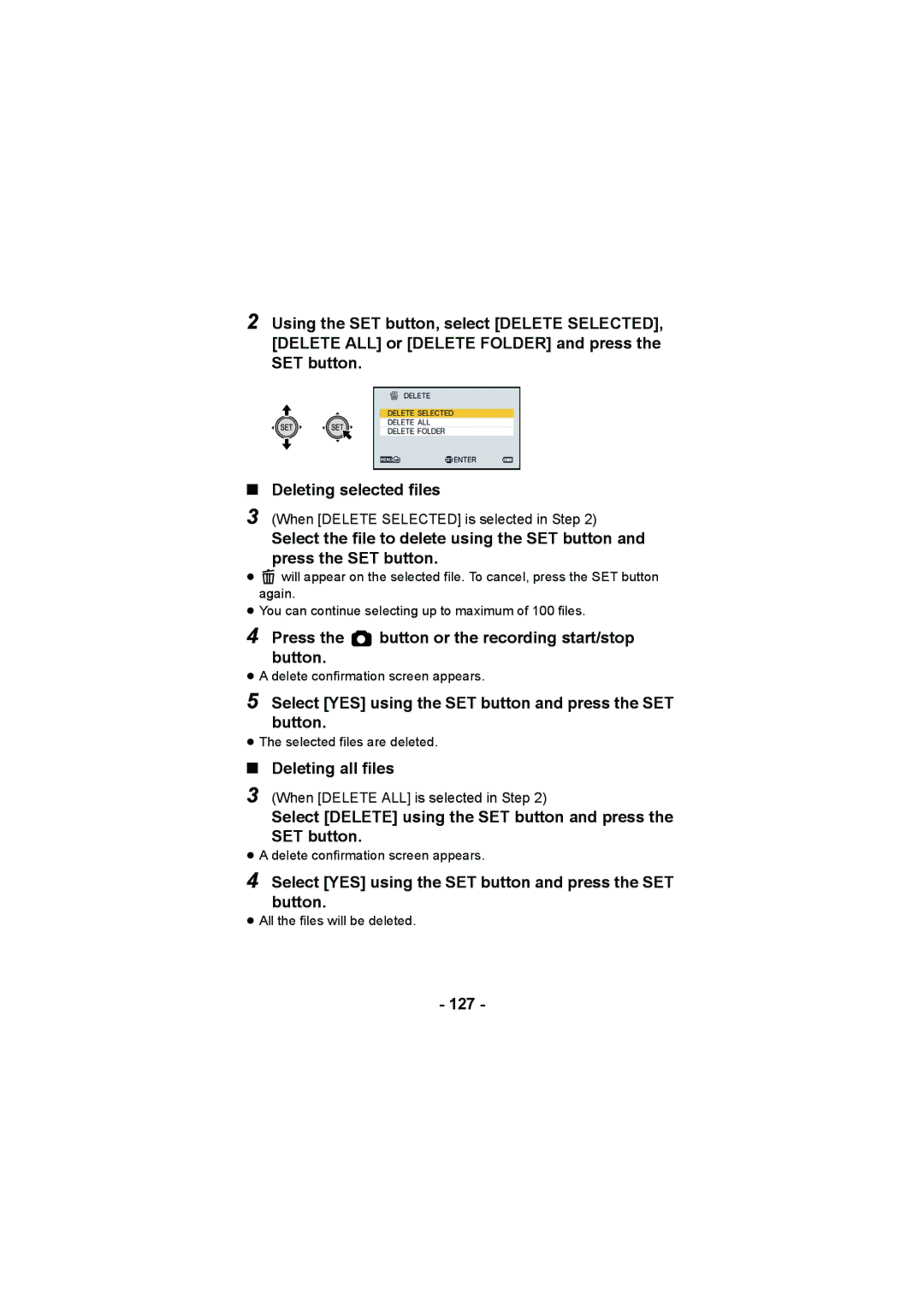 Panasonic HX-DC2, HX-WA20 Press the button or the recording start/stop Button, Deleting all files, 127 