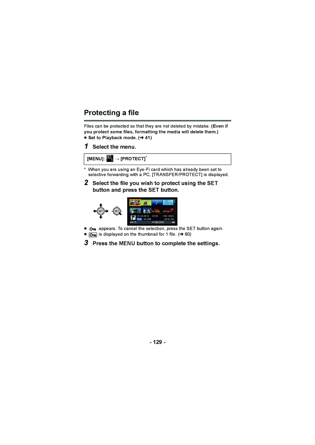 Panasonic HX-DC2, HX-WA20 Protecting a file, Press the Menu button to complete the settings 129, Menu # Protect 