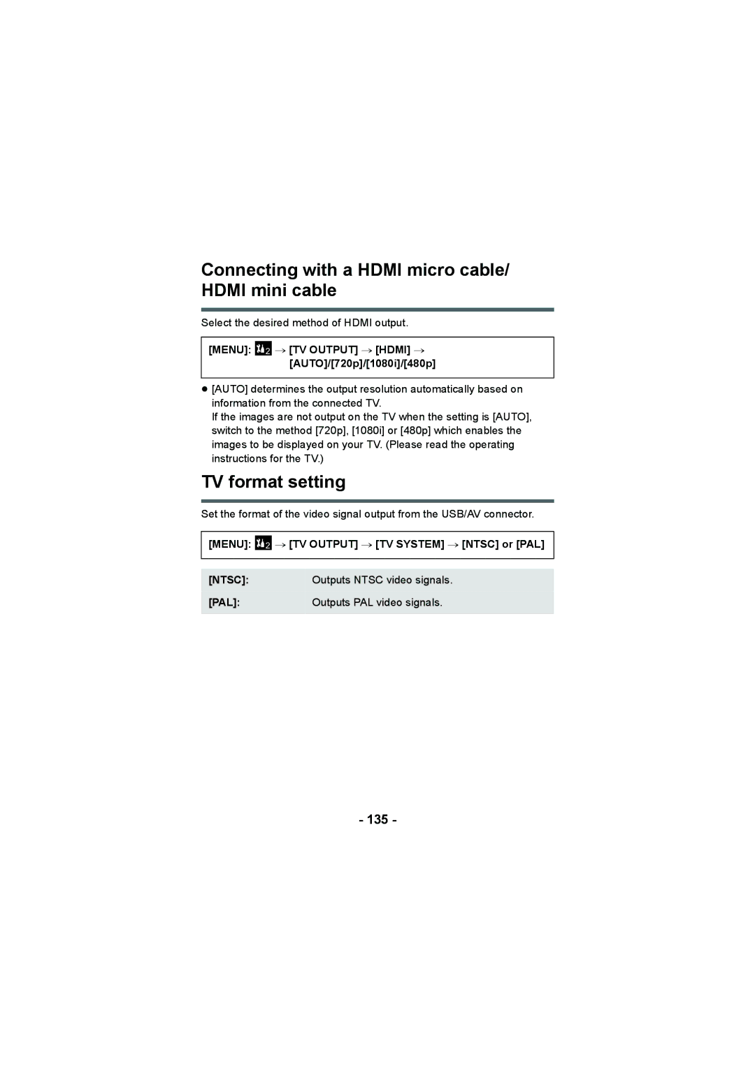 Panasonic HX-DC2, HX-WA20 Connecting with a Hdmi micro cable/ Hdmi mini cable, TV format setting, 135 