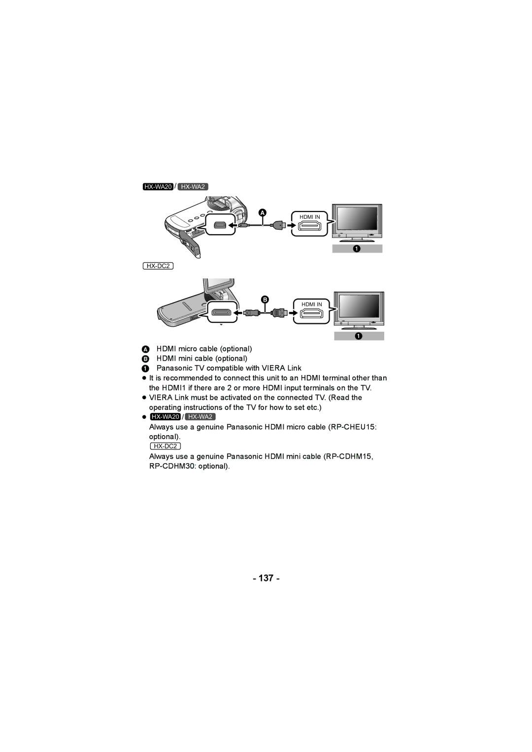 Panasonic HX-WA20, HX-DC2 operating instructions 137, Panasonic TV compatible with Viera Link 