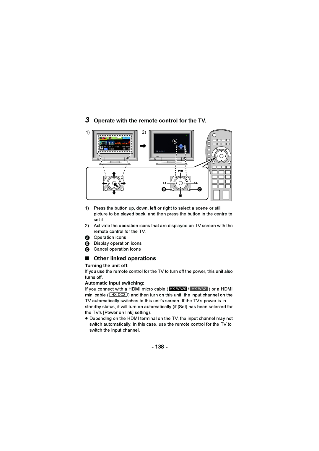 Panasonic HX-DC2, HX-WA2 Operate with the remote control for the TV, Other linked operations, 138, Turning the unit off 