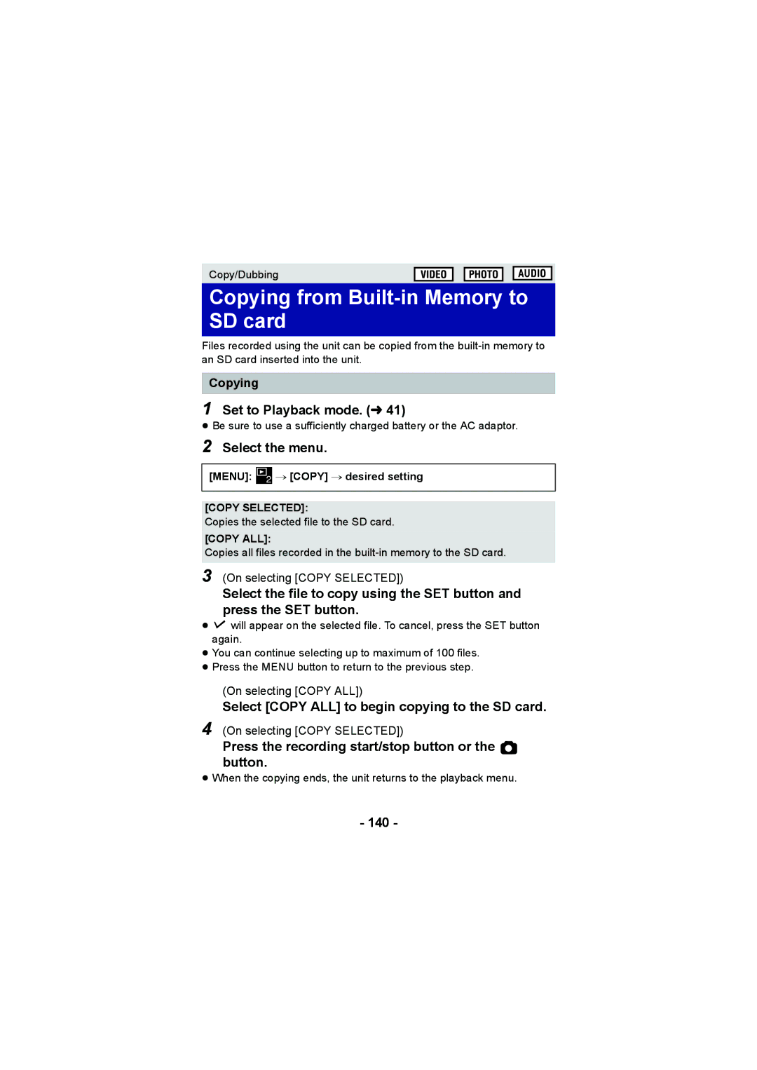 Panasonic HX-WA20, HX-DC2 operating instructions Copying from Built-in Memory to SD card, Set to Playback mode. l, 140 