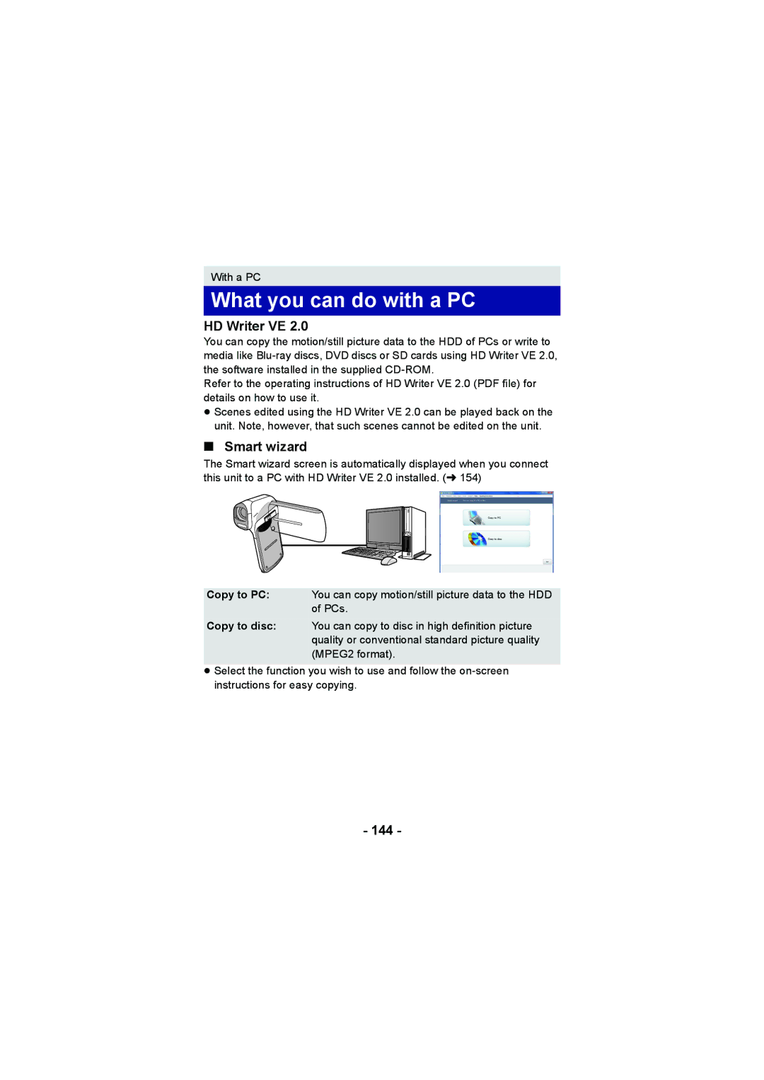 Panasonic HX-DC2, HX-WA20 operating instructions What you can do with a PC, HD Writer VE, Smart wizard, 144 