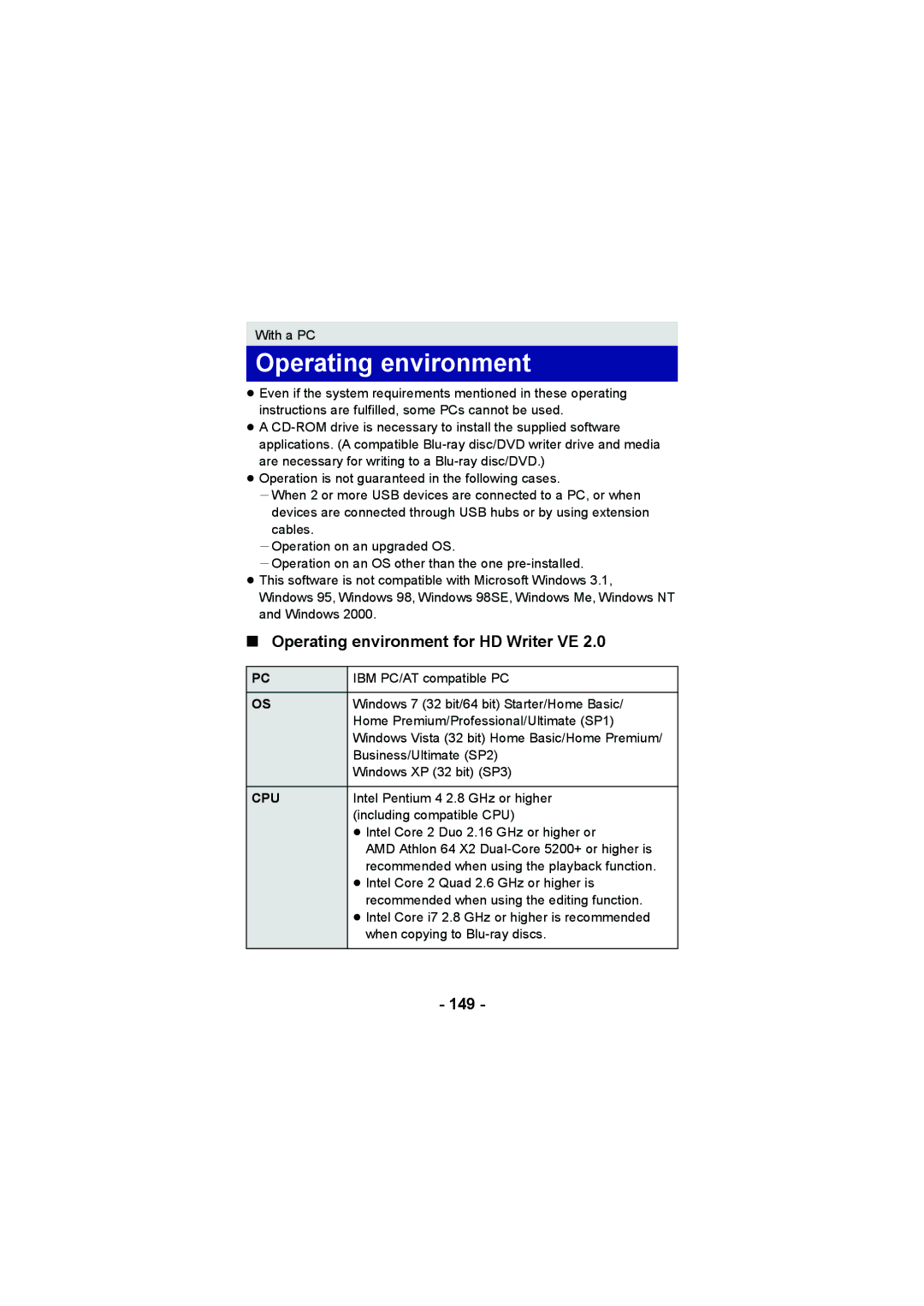 Panasonic HX-WA20, HX-DC2 operating instructions Operating environment for HD Writer VE, 149, Cpu 