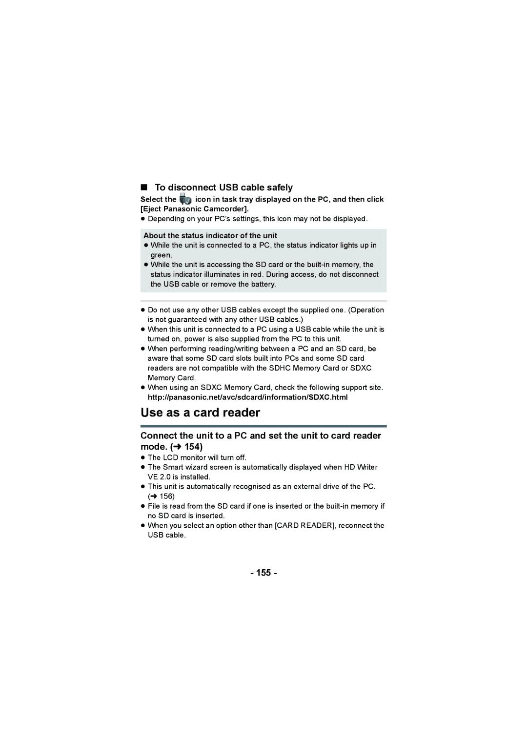 Panasonic HX-WA20, HX-DC2 operating instructions Use as a card reader, To disconnect USB cable safely, 155 