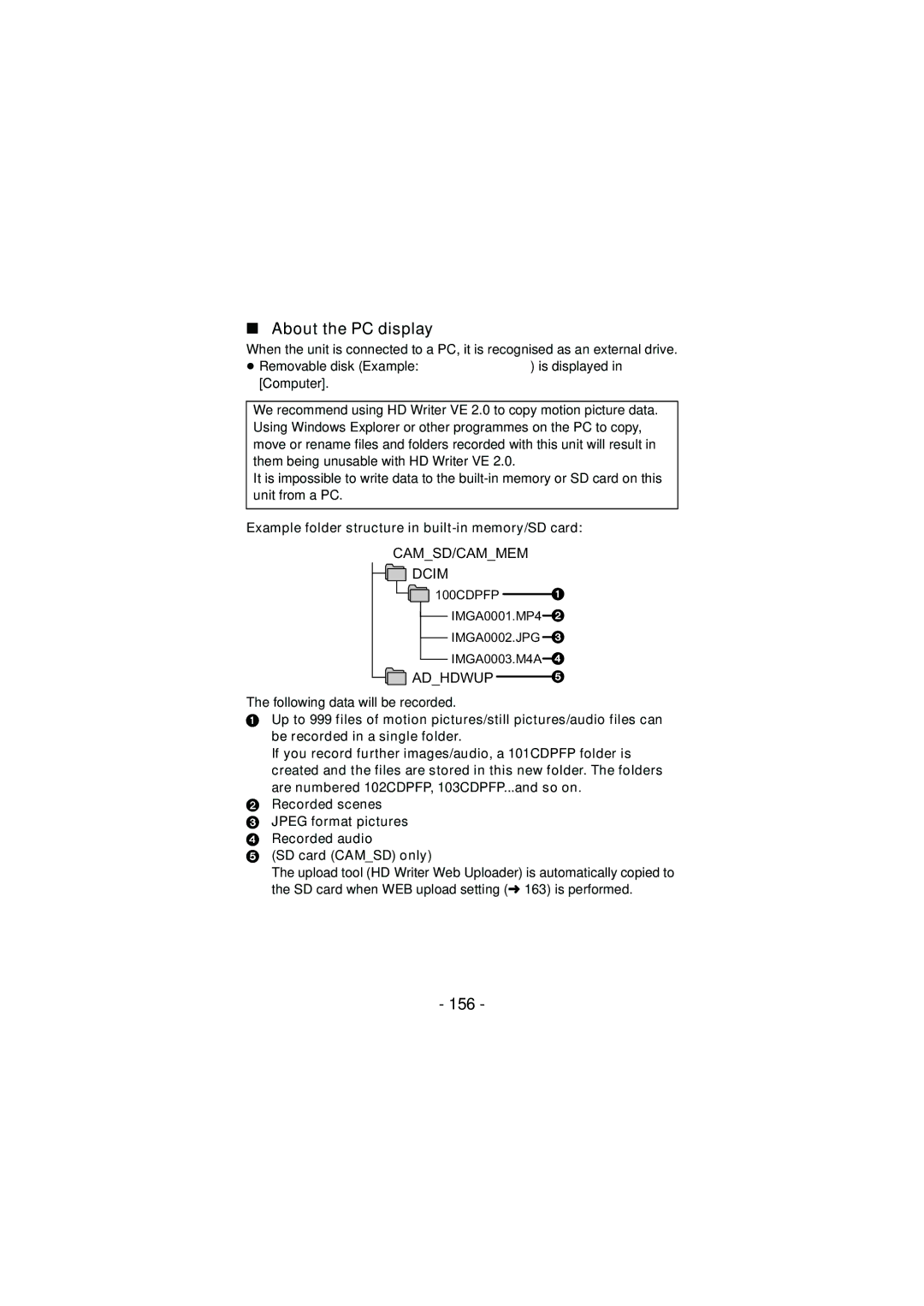 Panasonic HX-DC2, HX-WA20 About the PC display, 156, Example folder structure in built-in memory/SD card 