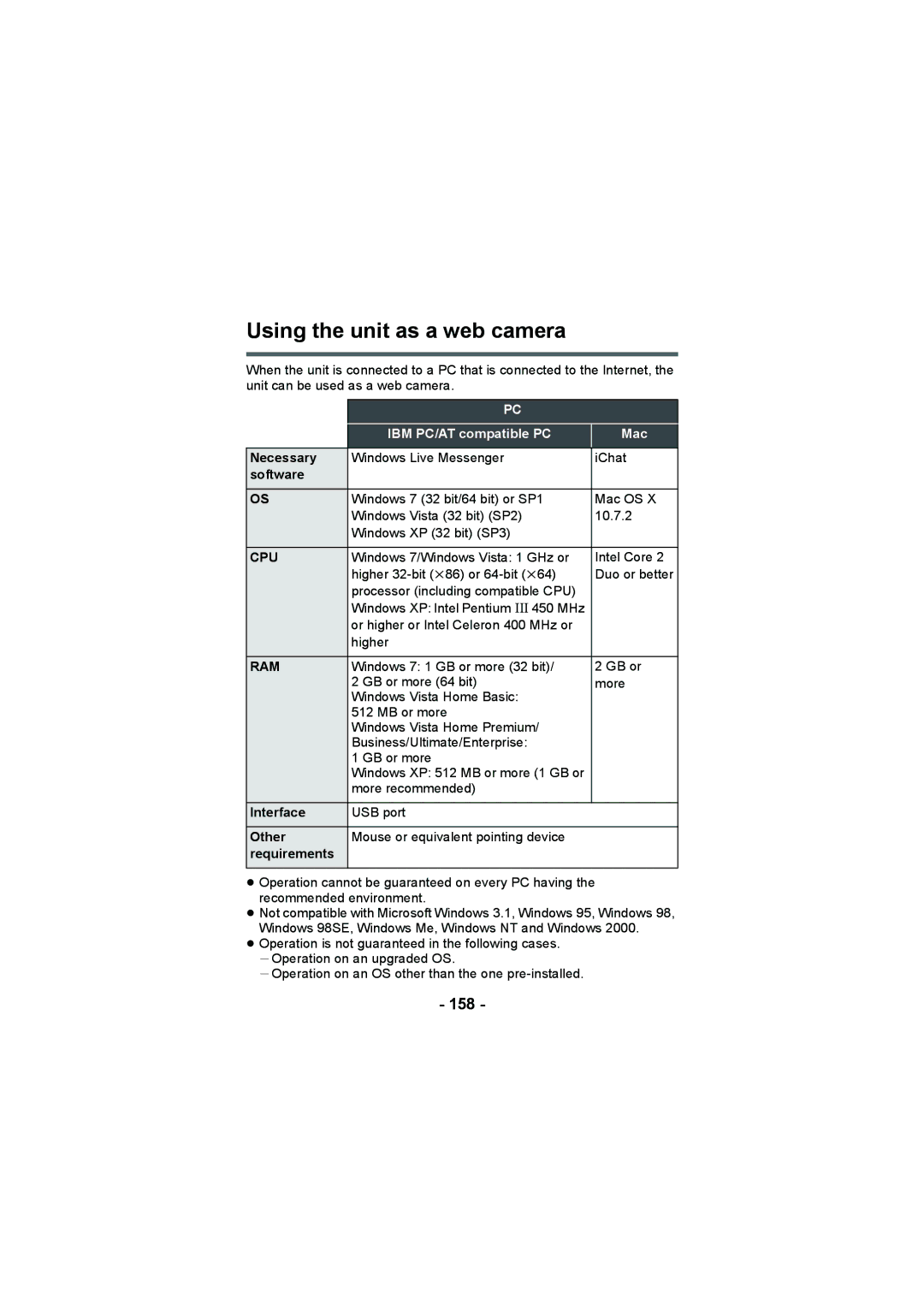 Panasonic HX-WA20, HX-DC2 operating instructions Using the unit as a web camera, 158, Necessary, Software 