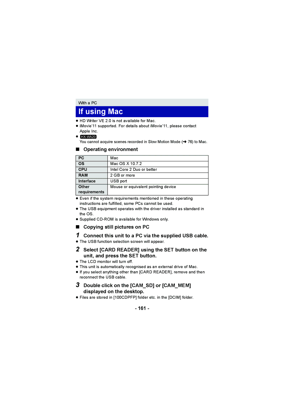 Panasonic HX-WA20, HX-DC2 operating instructions If using Mac, Operating environment, 161 