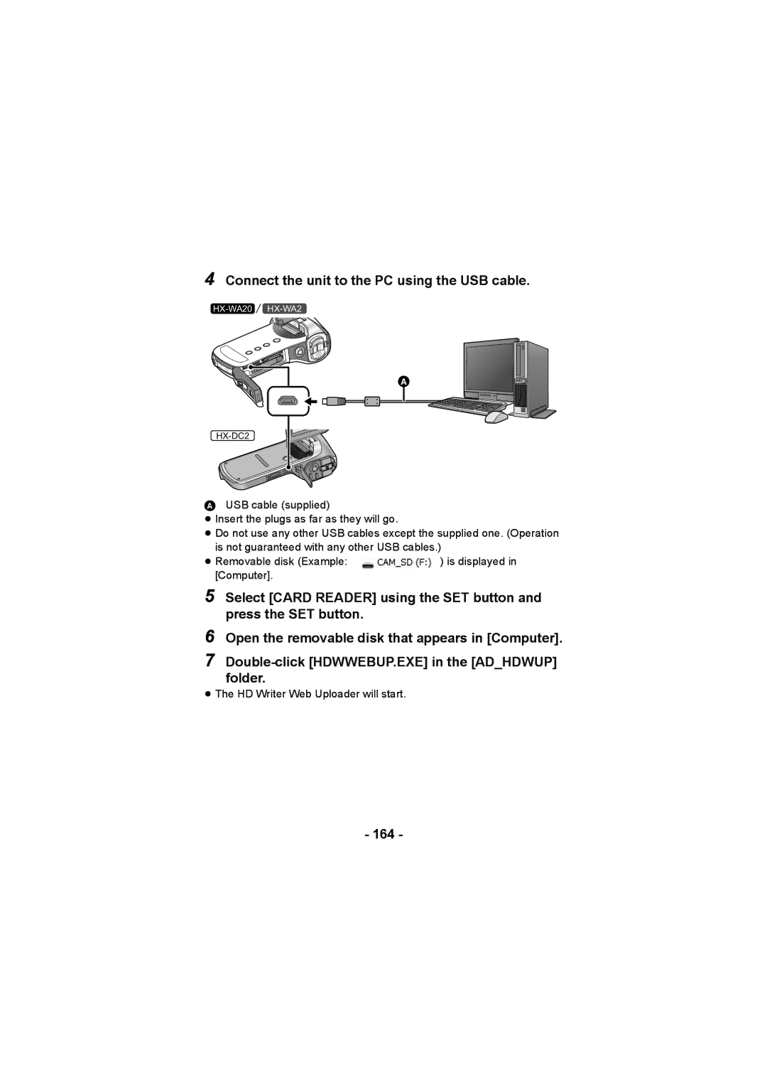 Panasonic HX-WA20, HX-DC2 operating instructions Connect the unit to the PC using the USB cable, 164 