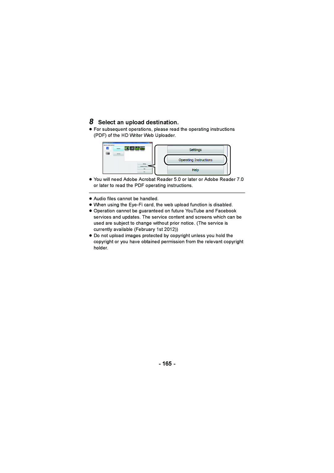 Panasonic HX-DC2, HX-WA20 operating instructions Select an upload destination, 165 