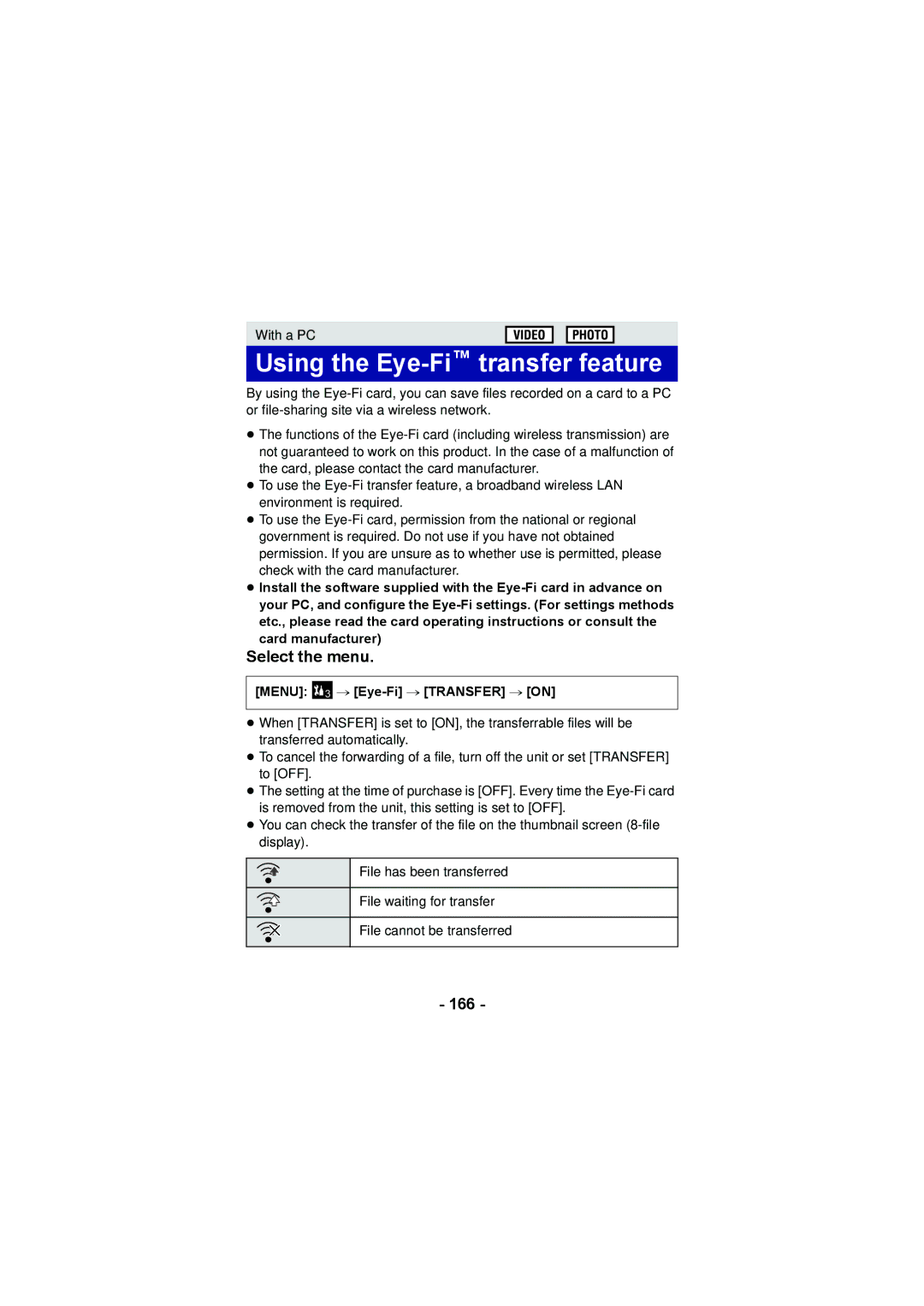 Panasonic HX-DC2, HX-WA20 operating instructions Using the Eye-Fitransfer feature, 166, Menu 3 # Eye-Fi # Transfer # on 