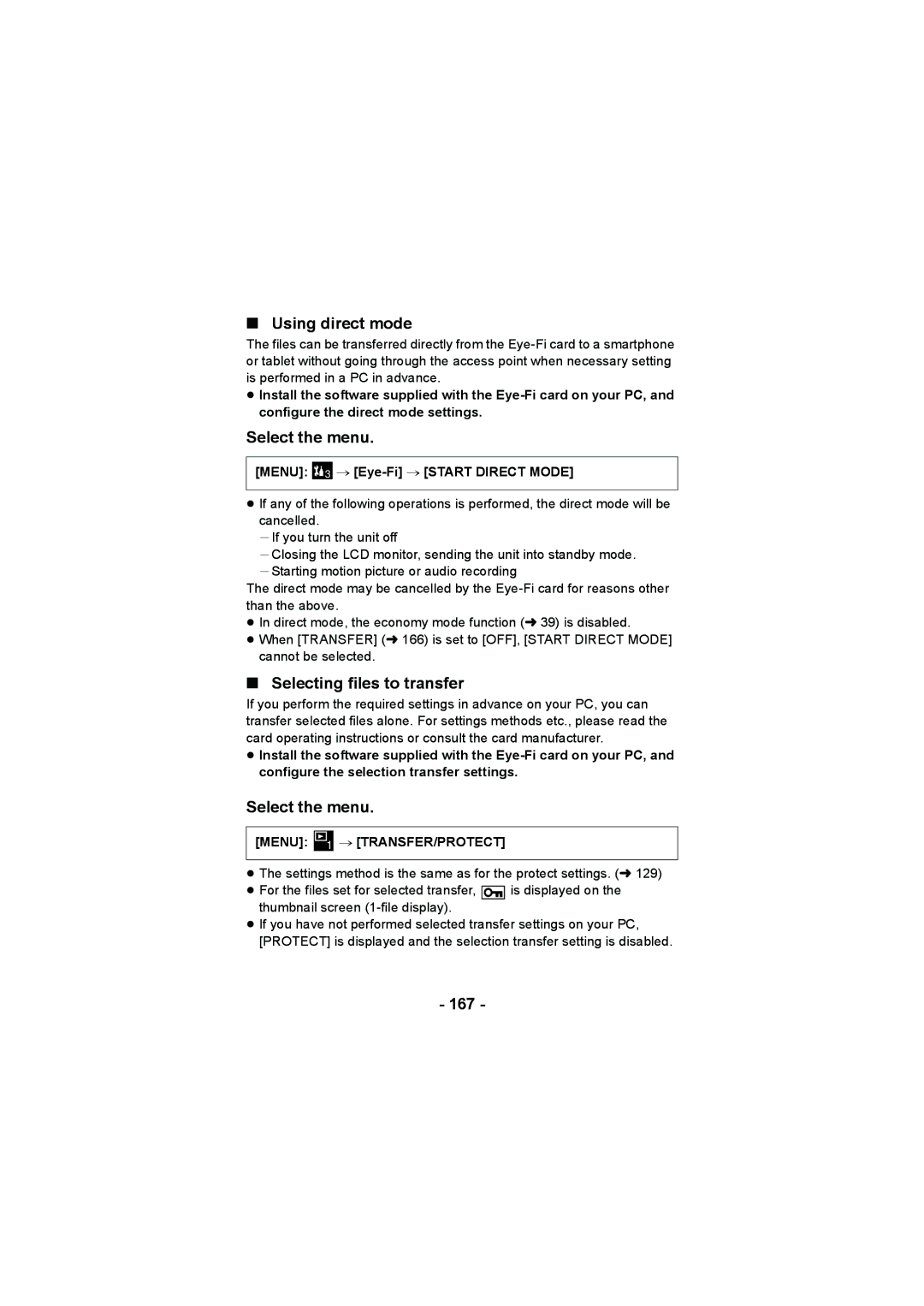 Panasonic HX-WA20, HX-DC2 Using direct mode, Selecting files to transfer, 167, Menu # Eye-Fi # Start Direct Mode 