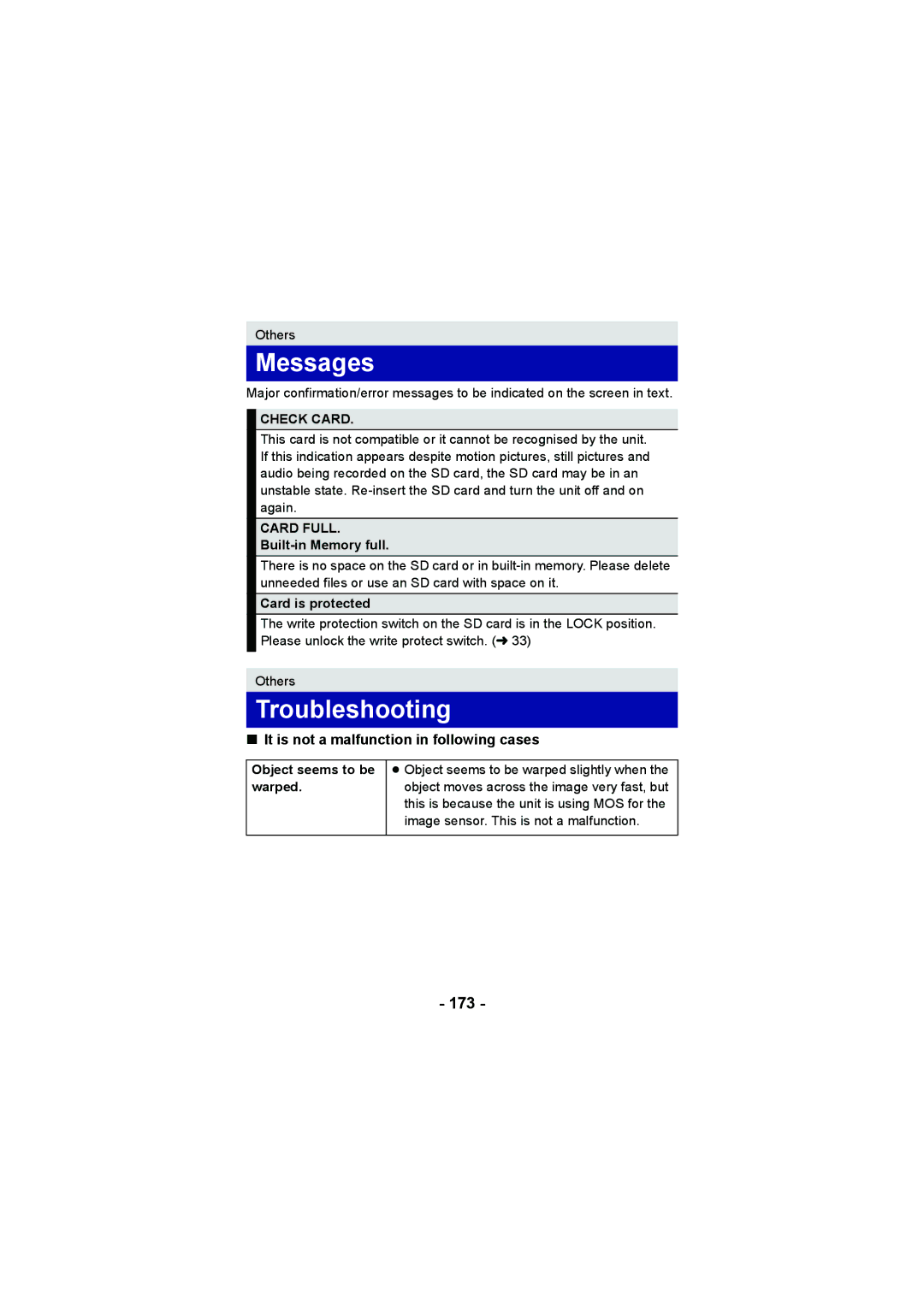 Panasonic HX-WA20, HX-DC2 operating instructions Messages, Troubleshooting, 173, Check Card, Card Full 