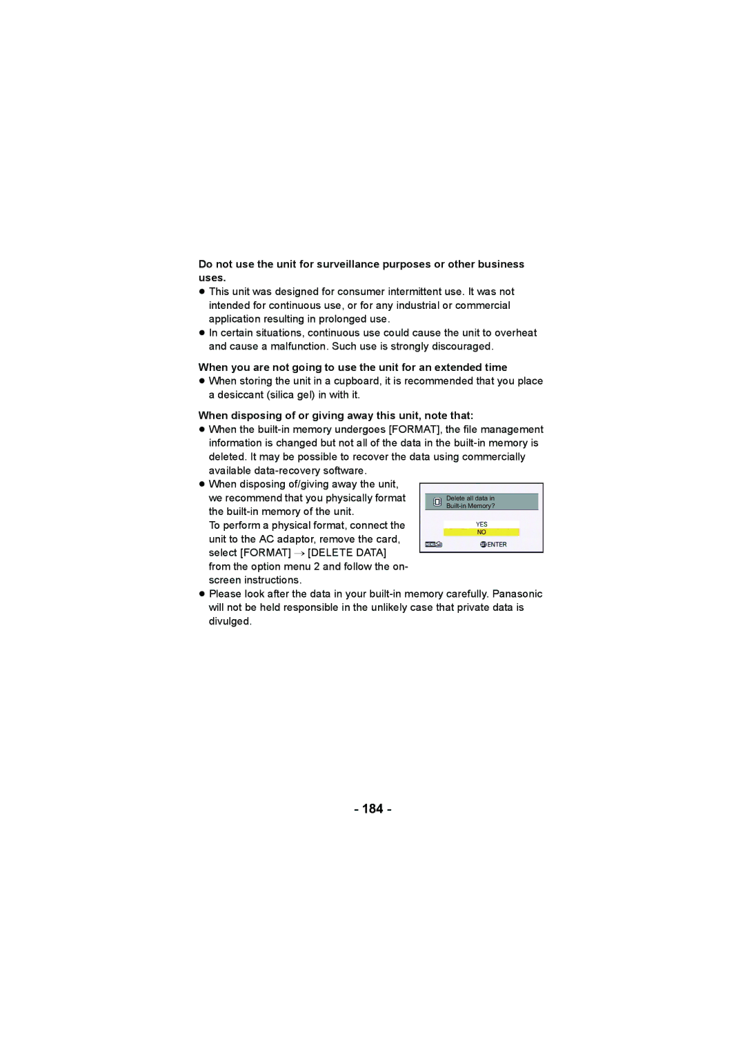 Panasonic HX-DC2, HX-WA20 operating instructions 184, When you are not going to use the unit for an extended time 