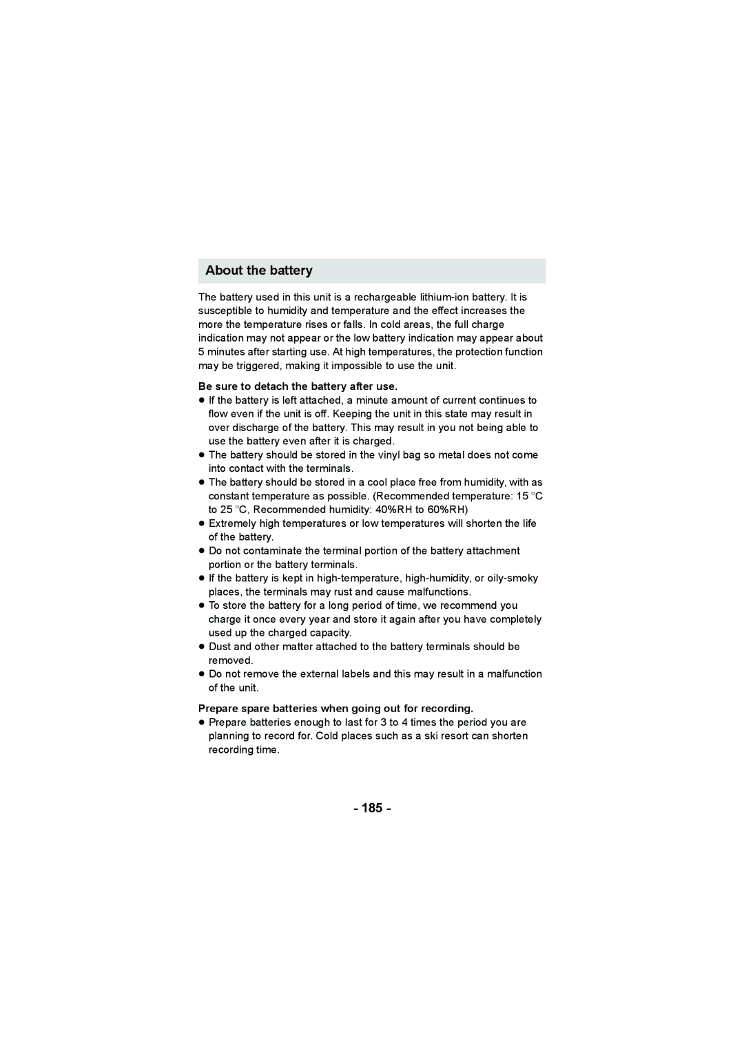 Panasonic HX-WA20, HX-DC2 operating instructions About the battery, 185, Be sure to detach the battery after use 